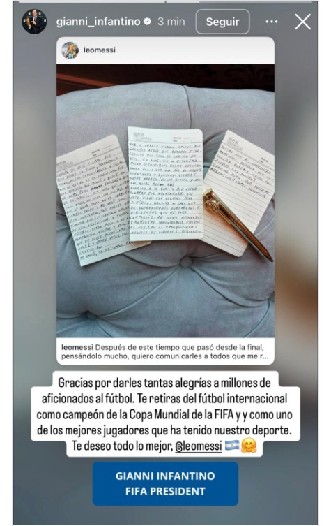 El mensaje de despedida de Infantino.