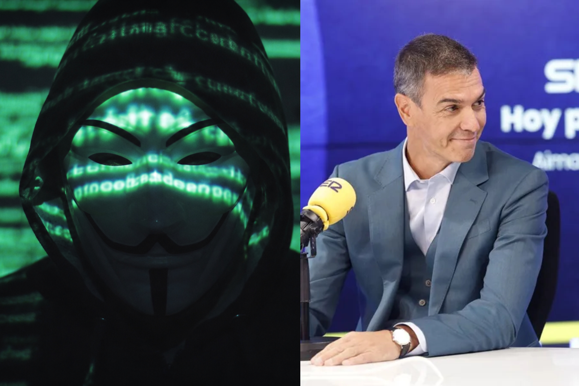 Anonymous izquierda, Pedro Sánchez derecha IA,EFE