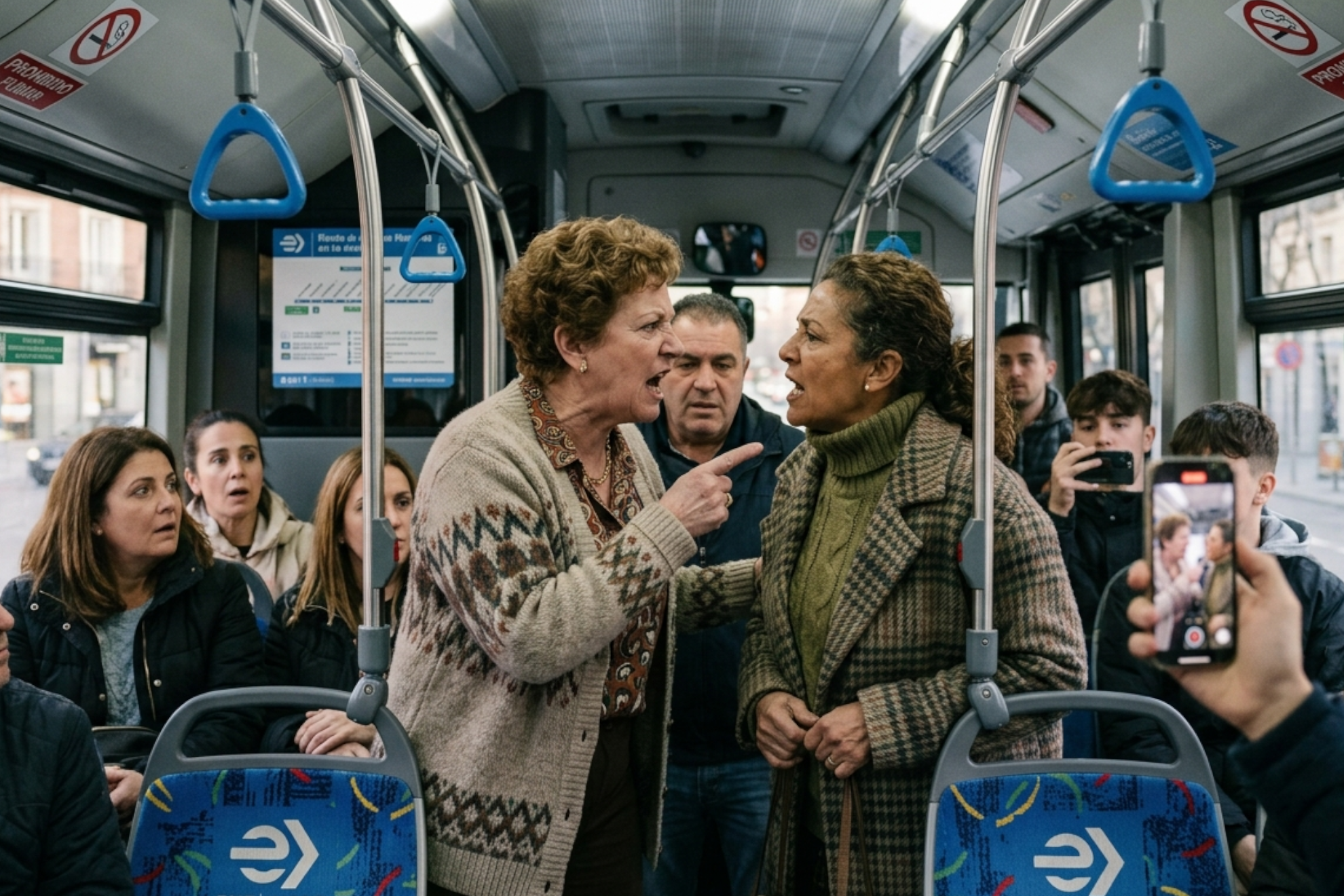 Dos mujeres discuten acaloradamente en un autobús Imagen creada con IA