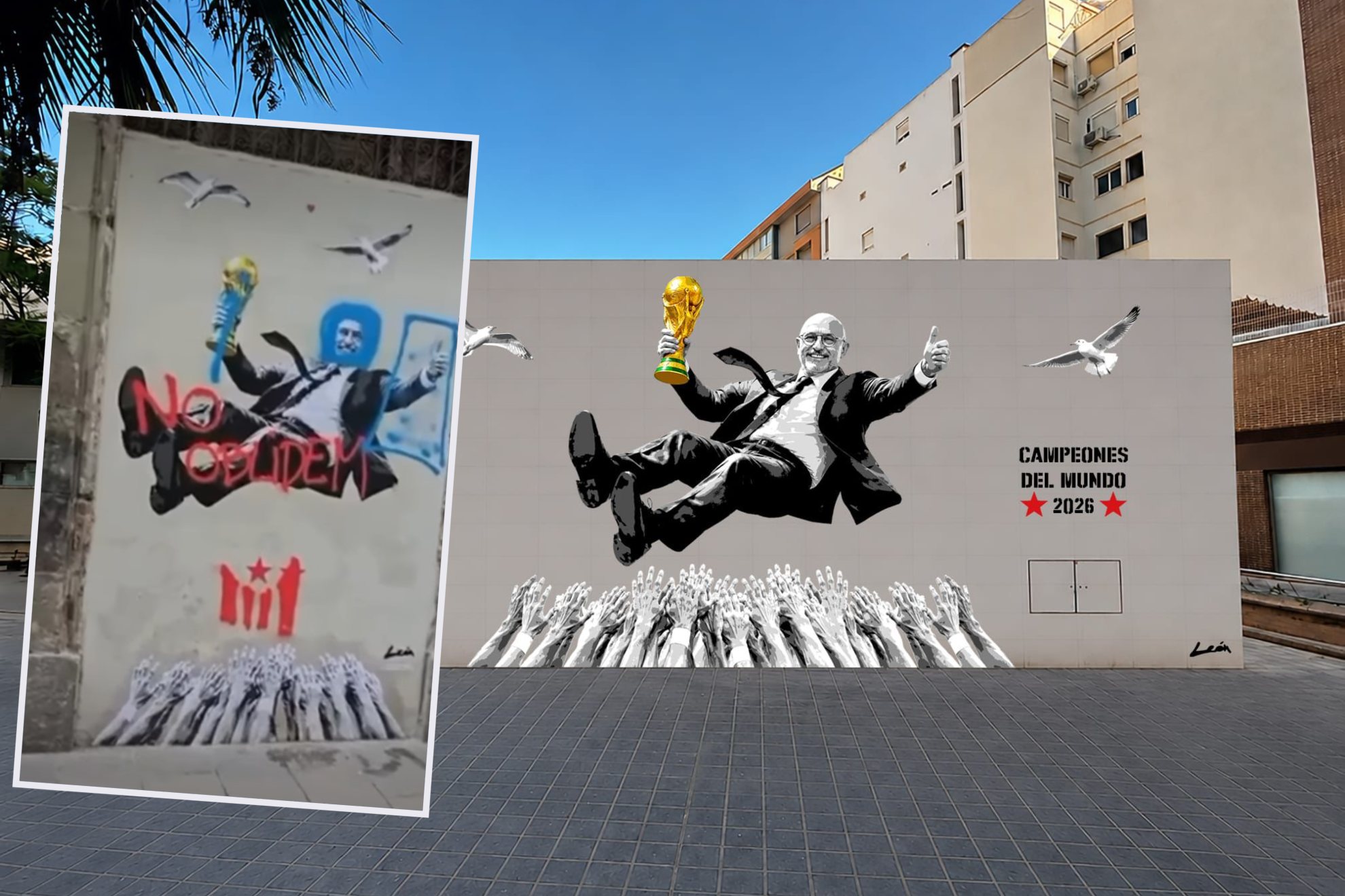 El mural tal y como se pintará en Valencia junto a una imagen de cómo fue vandalizado en Barcelona. MARCA