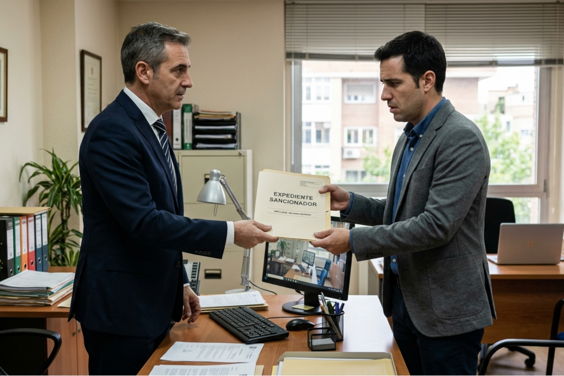Jefe entregando un expediente sancionador a un empleado Imagen creada con IA