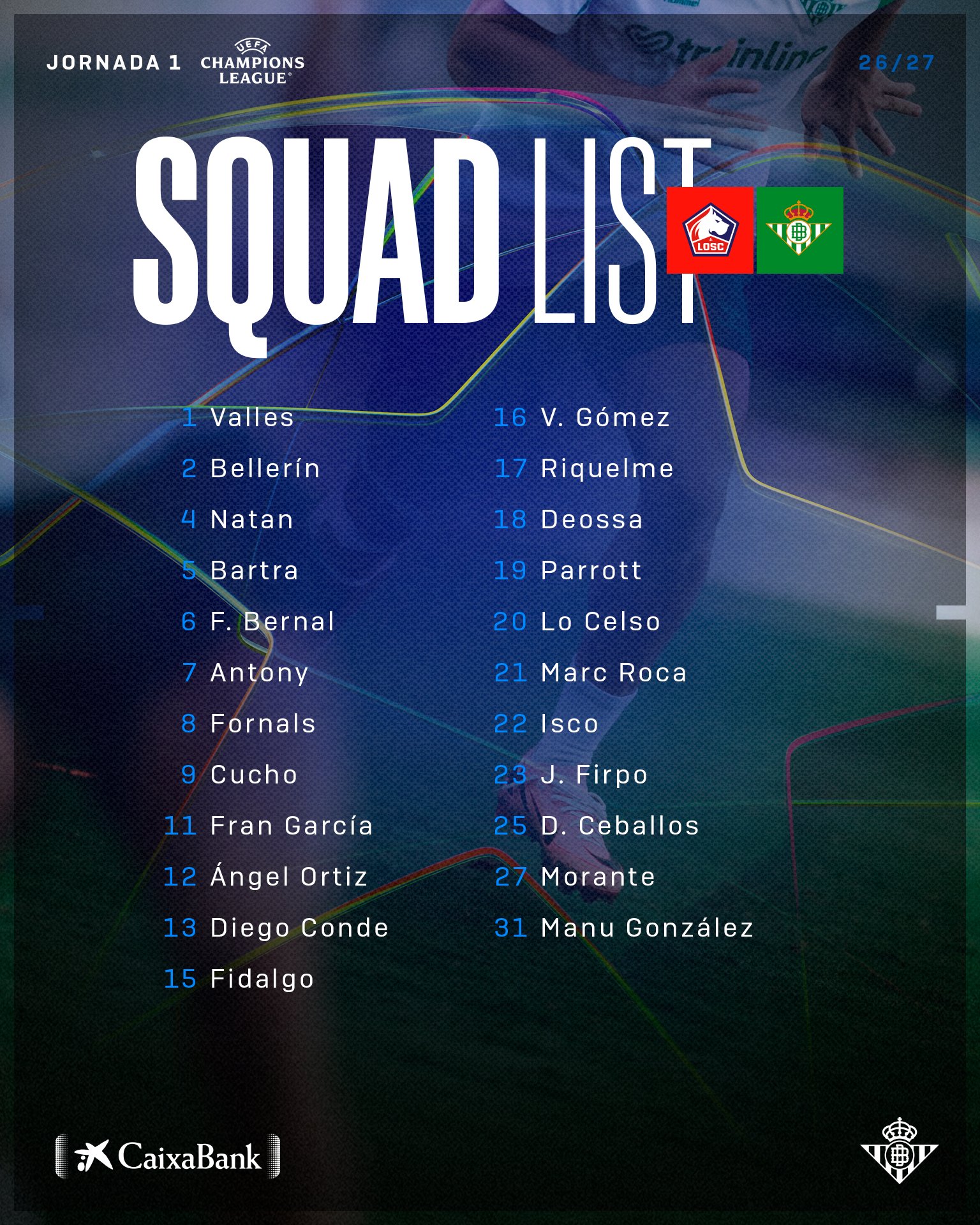 Convocatoria del Betis frente al Lille