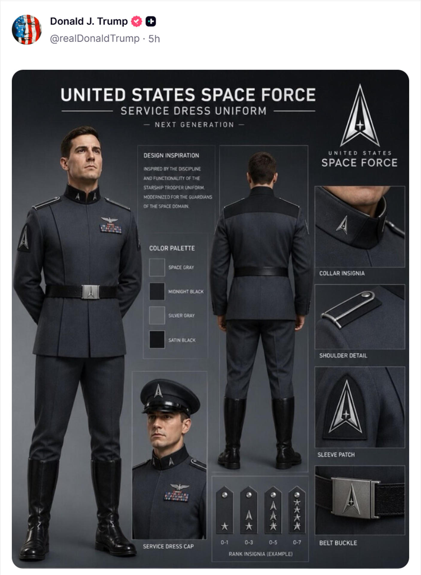 Imagen de la red social Truth Social que muestra una imagen hecha con IA del posible nuevo uniforme que llevarán los miembros de la Fuerza Espacial de EE.UU.