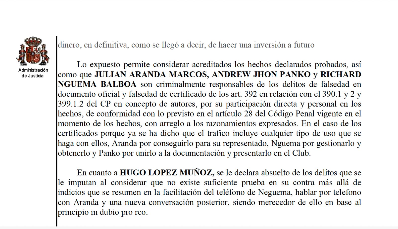 Parte de la sentencia absolutoria para Hugo López.