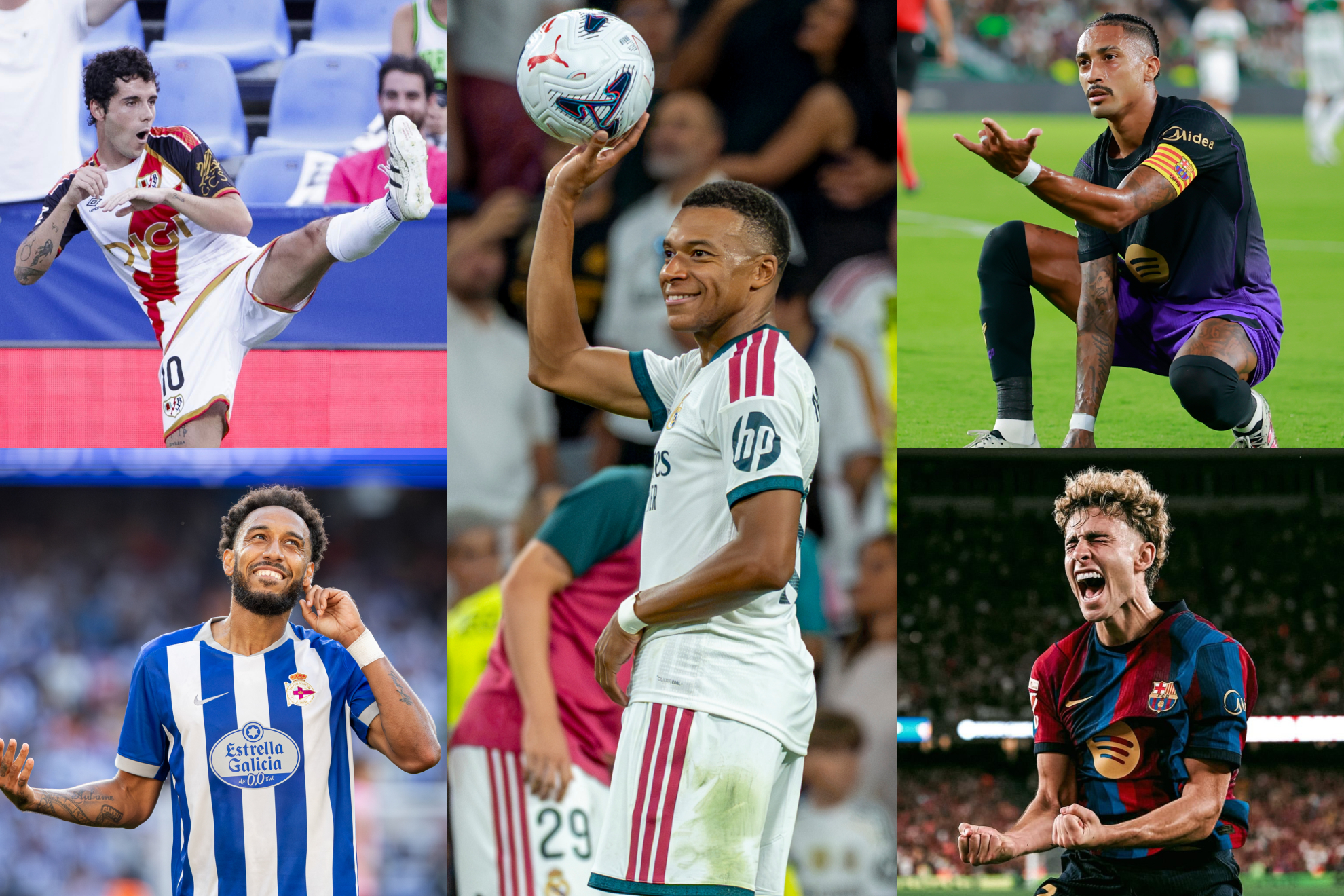 Kylian Mbappé, Raphinha, Sergio Camello, Fermín López y Pierre-Emerick Aubameyang