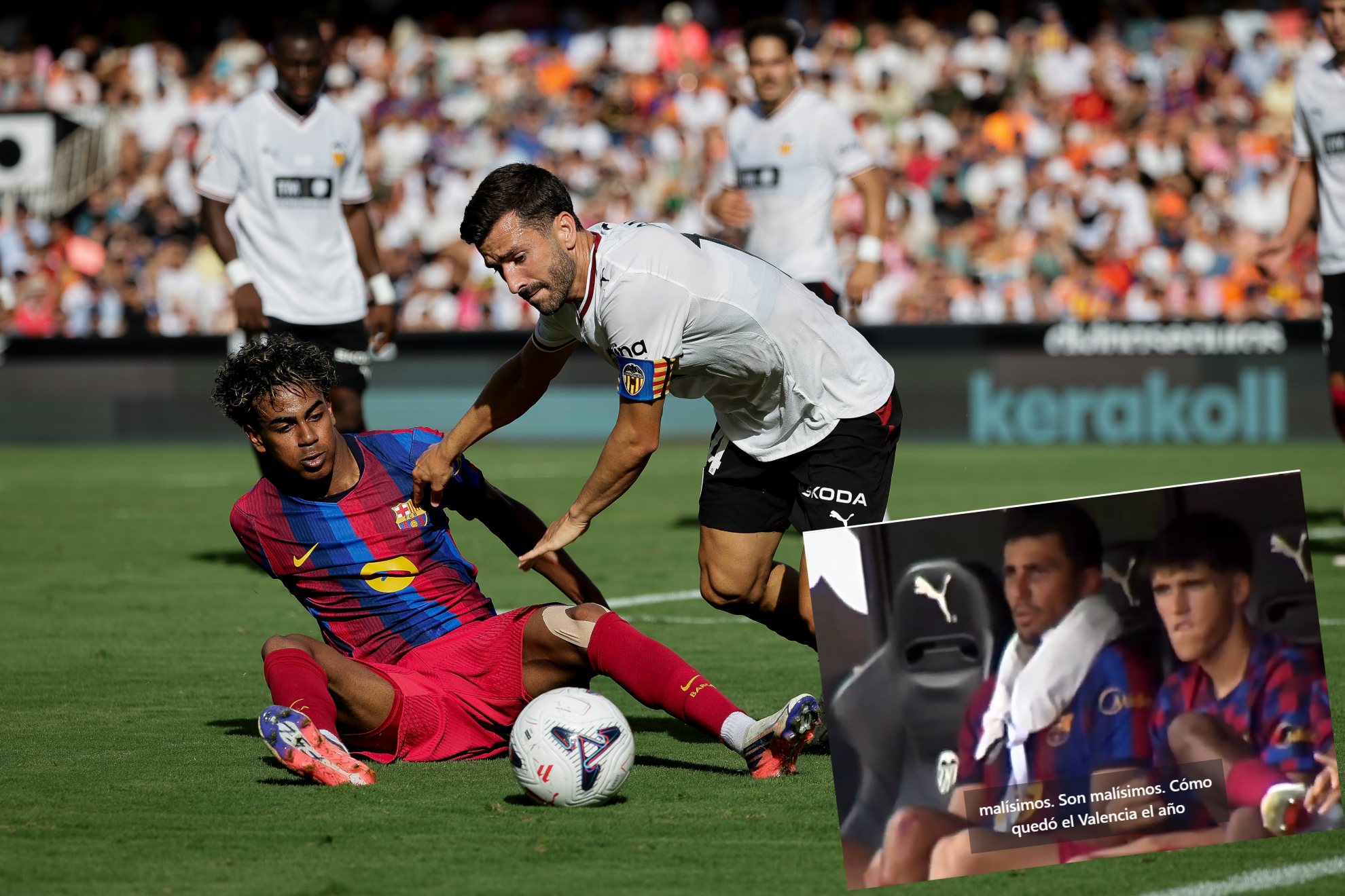 Gayá ante Lamine Yamal y una miniatura con el momento que captó Movistar de Rodri en el banquillo.