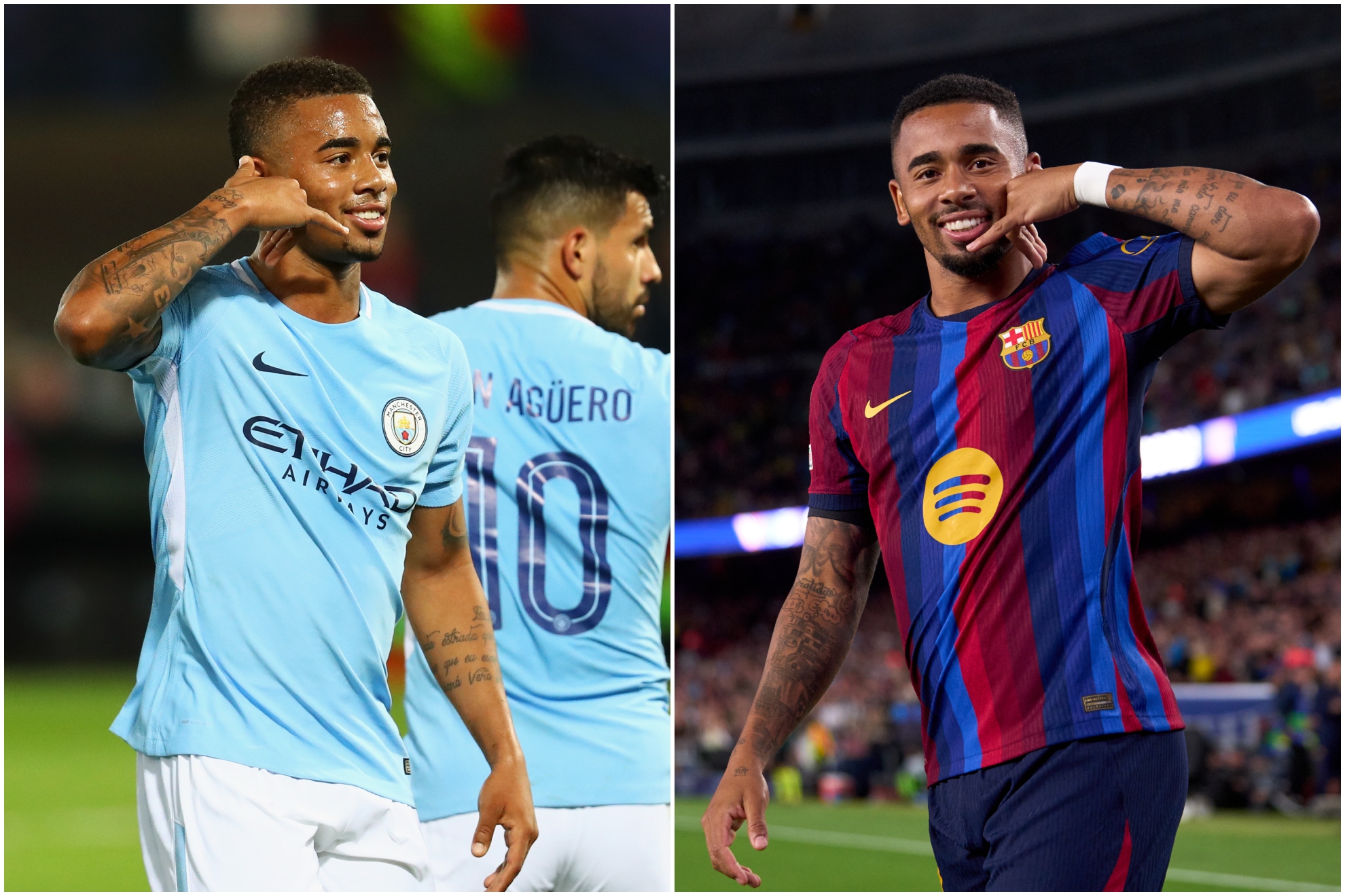 Gabriel Jesus en 2017 y en 2026, con City y Barça.