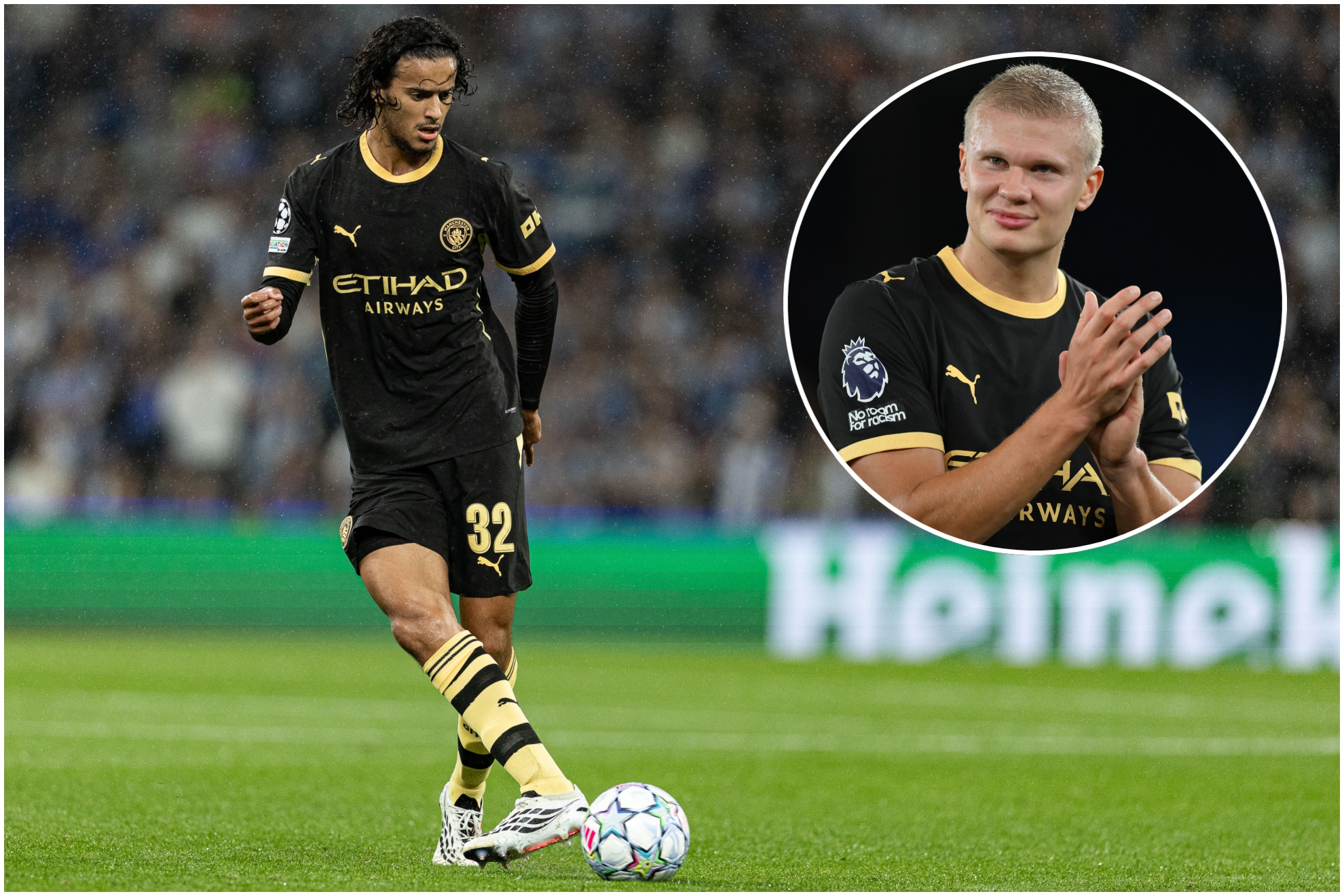 Bouaddi y Haaland en el partido ante el Oporto.