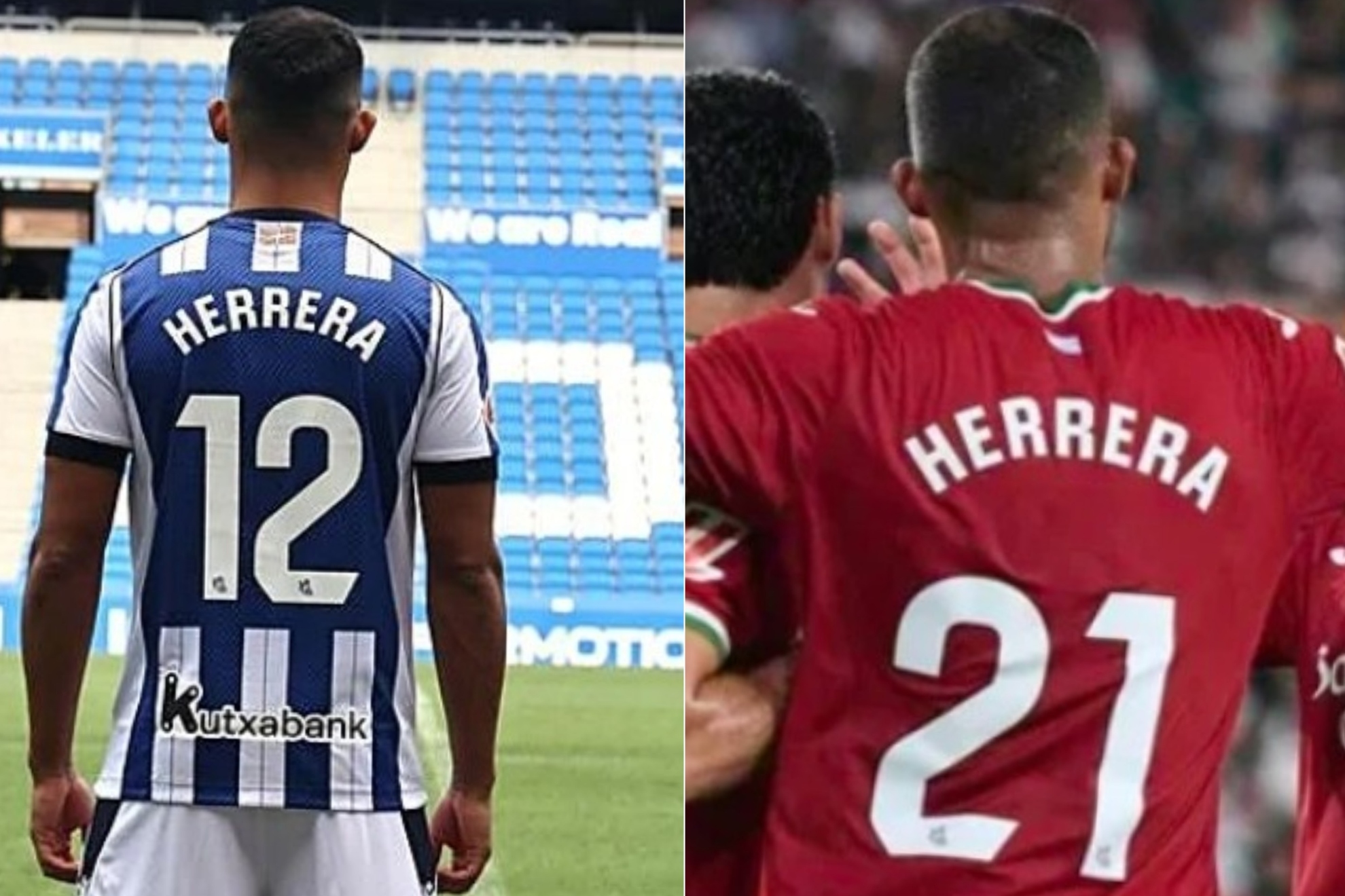 Yangel Herrera, con sus camisetas de la pasada temporada y de la actual. REAL SOCIEDAD