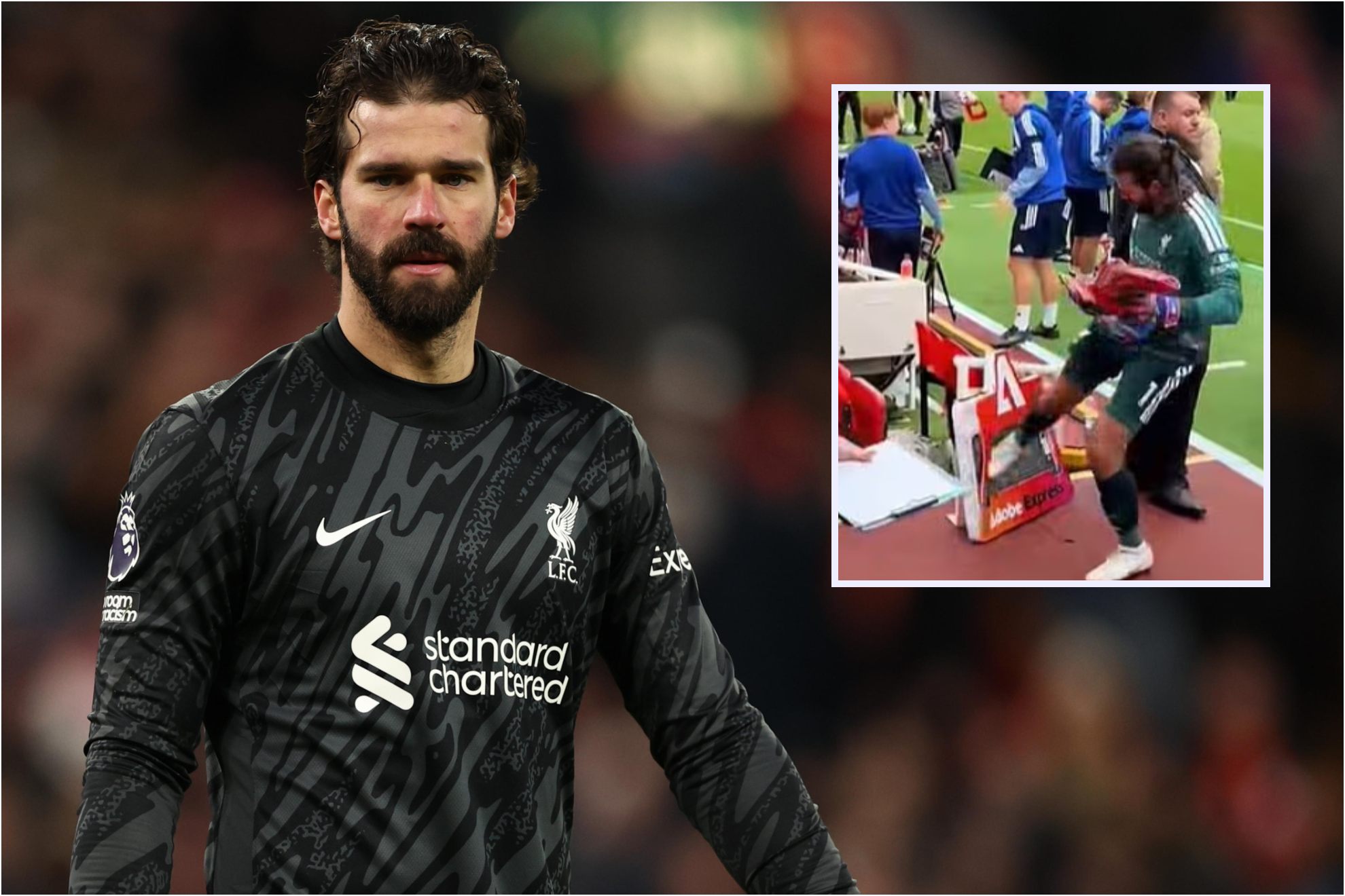 Alisson Becker, y la patada a la tablilla del cuarto árbitro. EFE