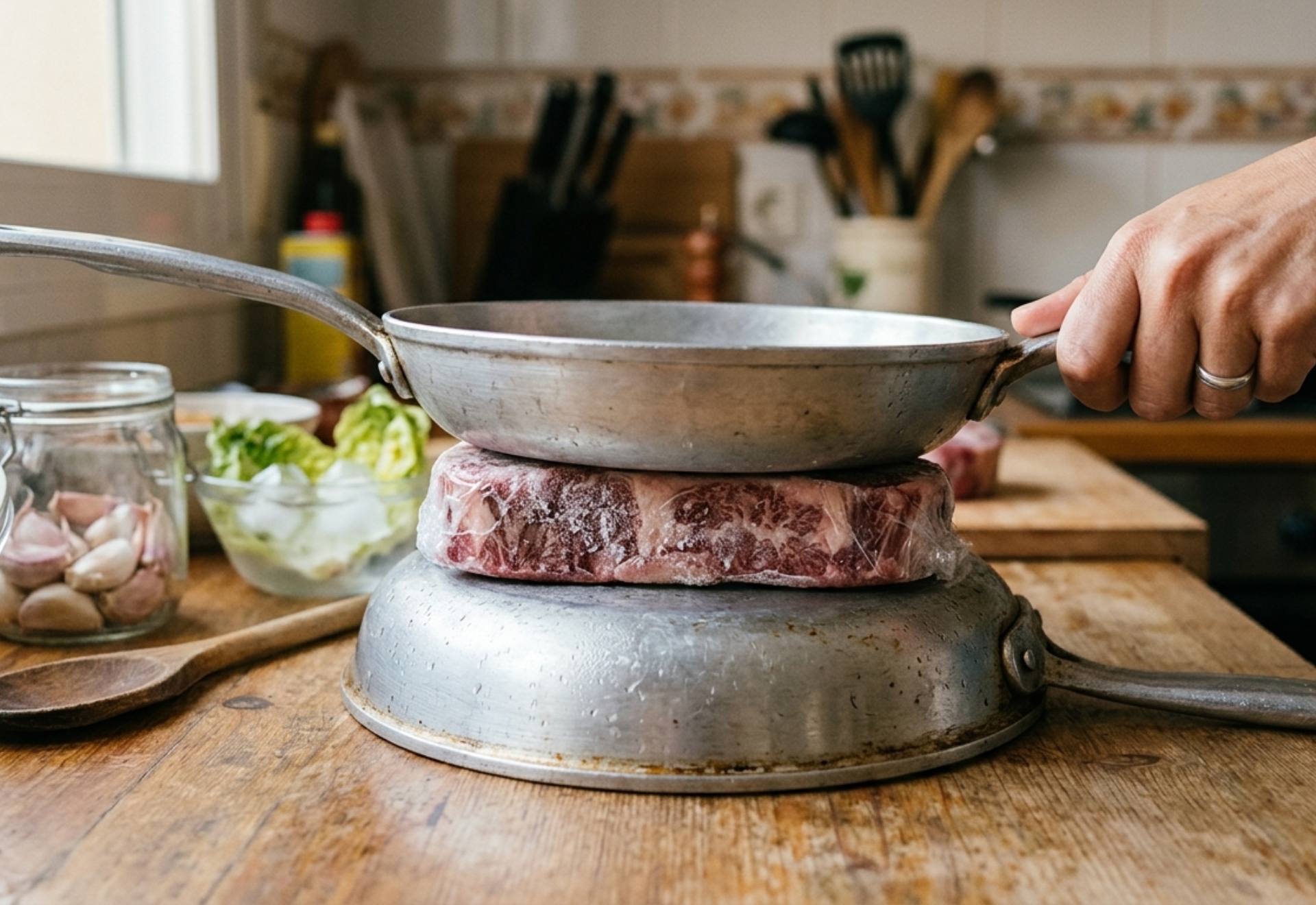 El truco de las dos sartenes para descongelar carne sin microondas en la mitad de tiempo