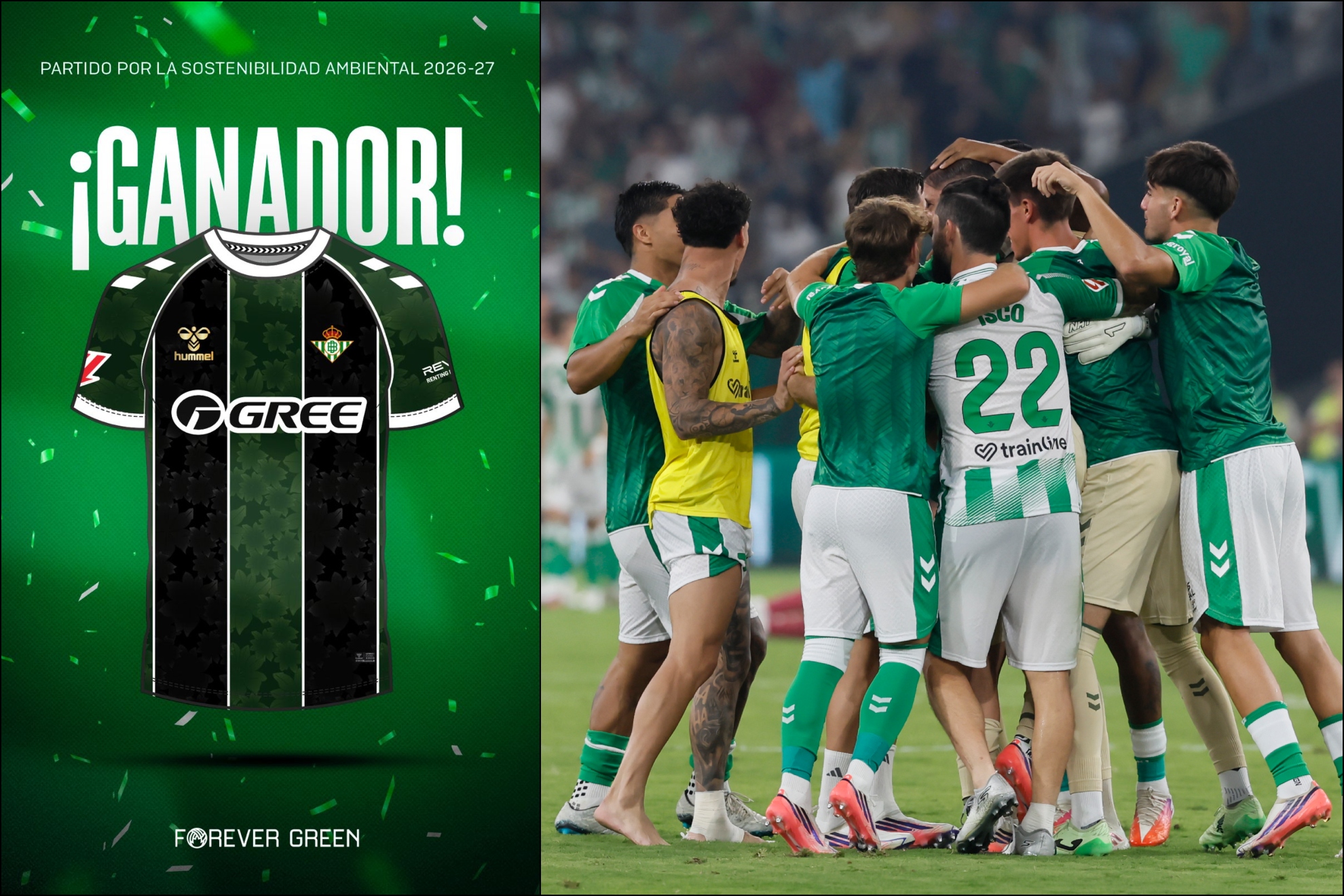 La camiseta ganadora y una foto de los jugadores del Betis celebrando la victoria ante el Real Madrid.