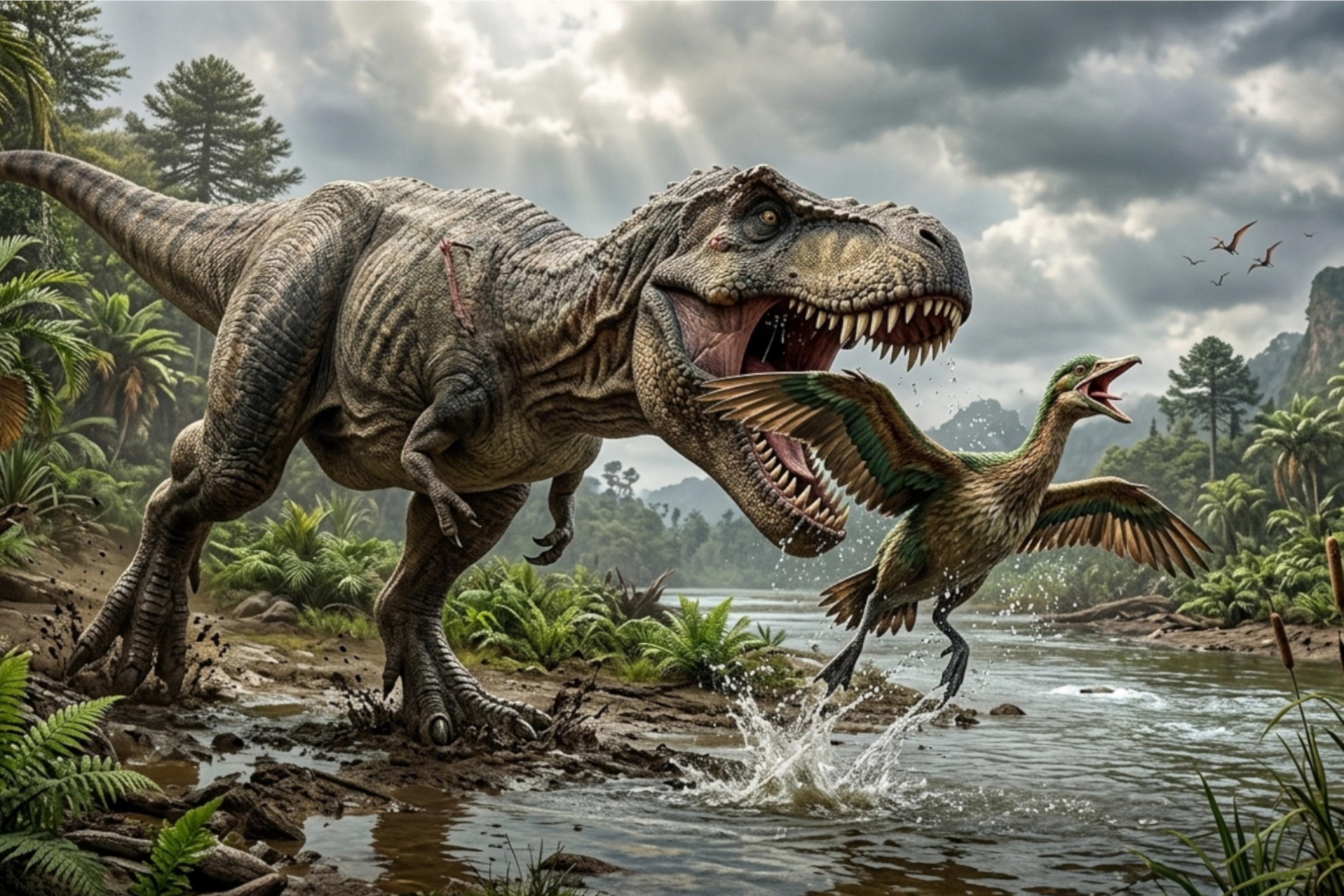 Ilustración de un Tyrannosaurus rex capturando un ave Imagen creada con IA