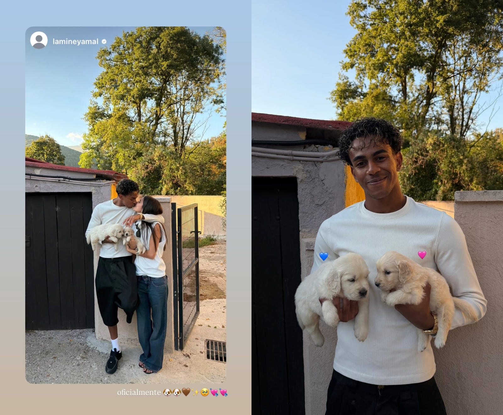 Las dos imágenes de Lamine Yamal e Inés García con los cachorros. Instagram.