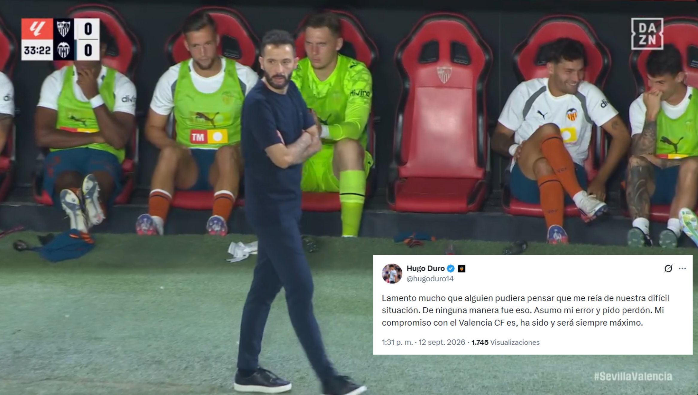 Imagen captada por DAZN con Hugo Duro y Raba en el banquillo, con el mensaje del delantero en X.