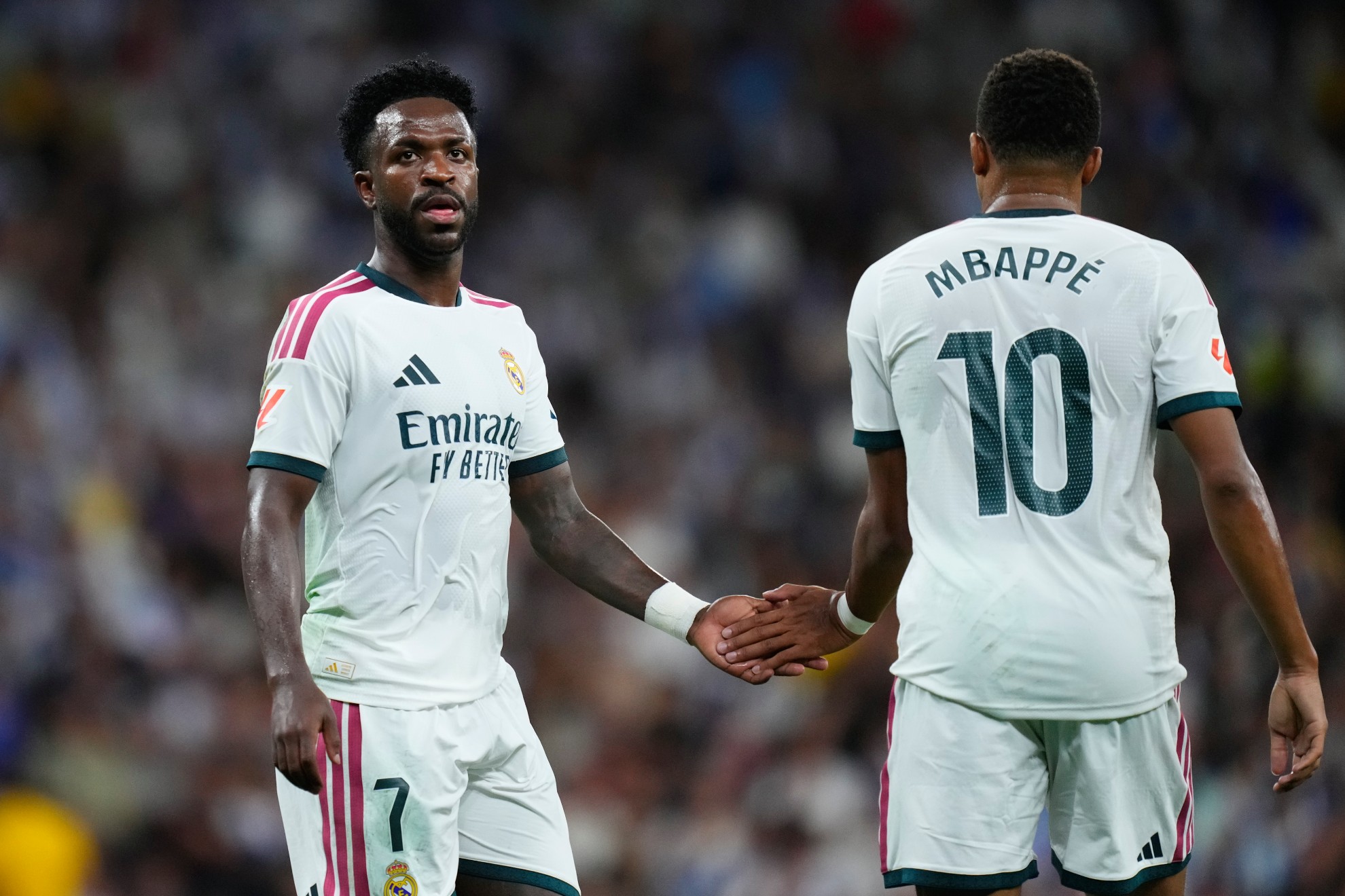 Vinicius Junior left winger of Real Madrid and Brazil and Kylian Mbappe centre-forward of Real Madrid and France during the La Liga EA Sports 2026/27 match between RCD Espanyol de Barcelona and Real Madrid at RCDE Stadium on August 22, 2026 in Barcelona, Spain. (Photo by Jose Breton/Pics Action/NurPhoto via Getty Images)