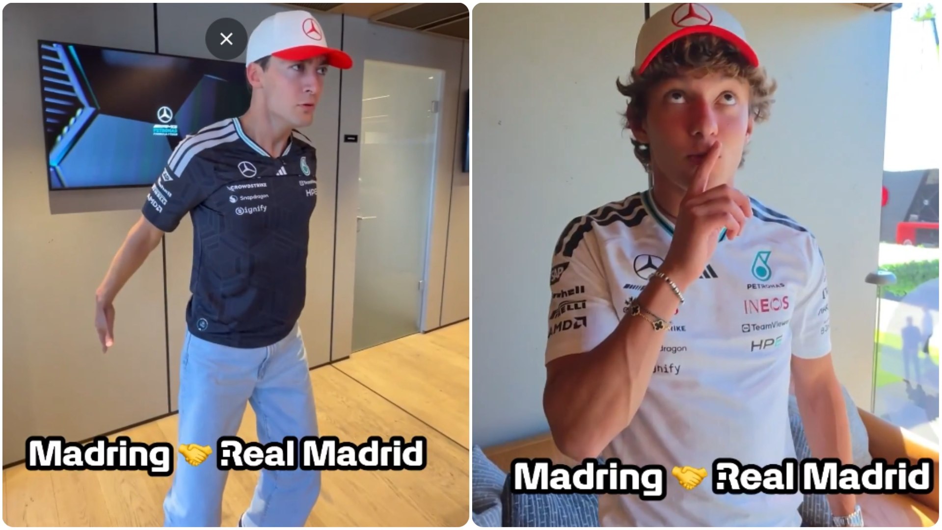 La escudería Mercedes compartió un vídeo de su equipo recreando las celebraciones más emblemáticas del Real Madrid. 