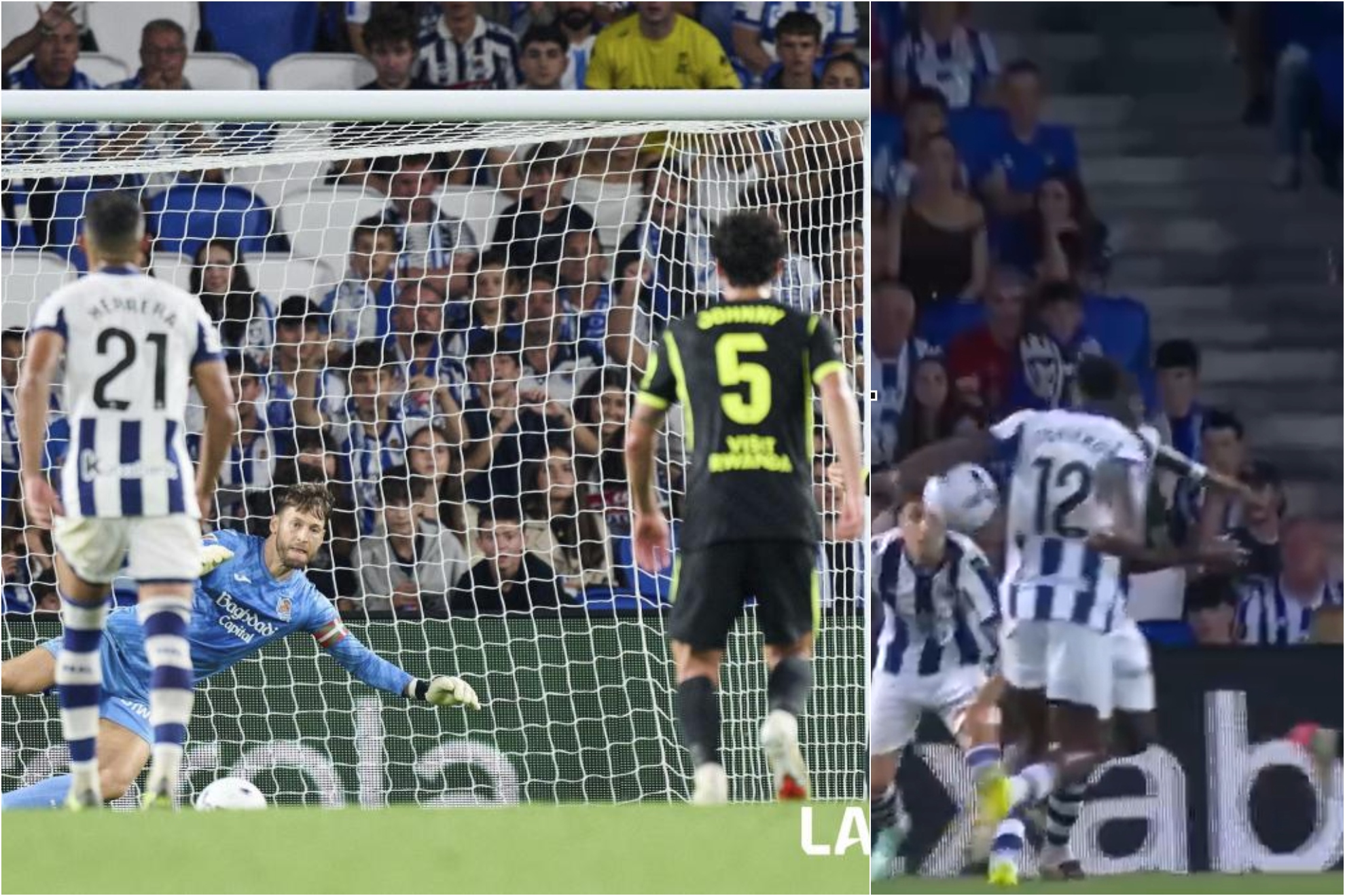 Un montaje con el gol de penalti de Grimaldo y la mano de Ochieng.