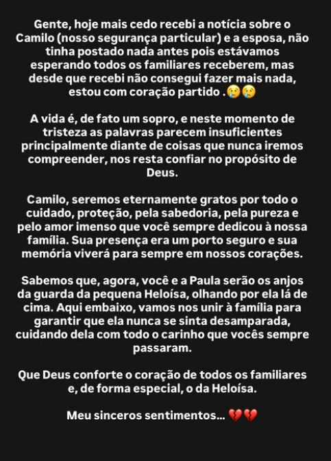 Mensaje íntegro publicado por Virgínia Fonseca tras la muerte de su guardaespaldas personal