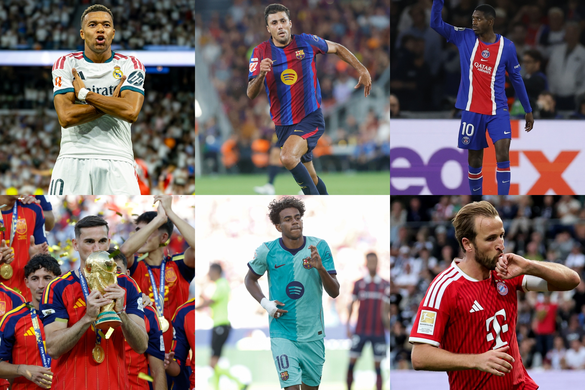 Kylian Mbappé, Rodri Hernández, Ousmane Dembélé, Fabián Ruiz, Lamine Yamal y Harry Kane.