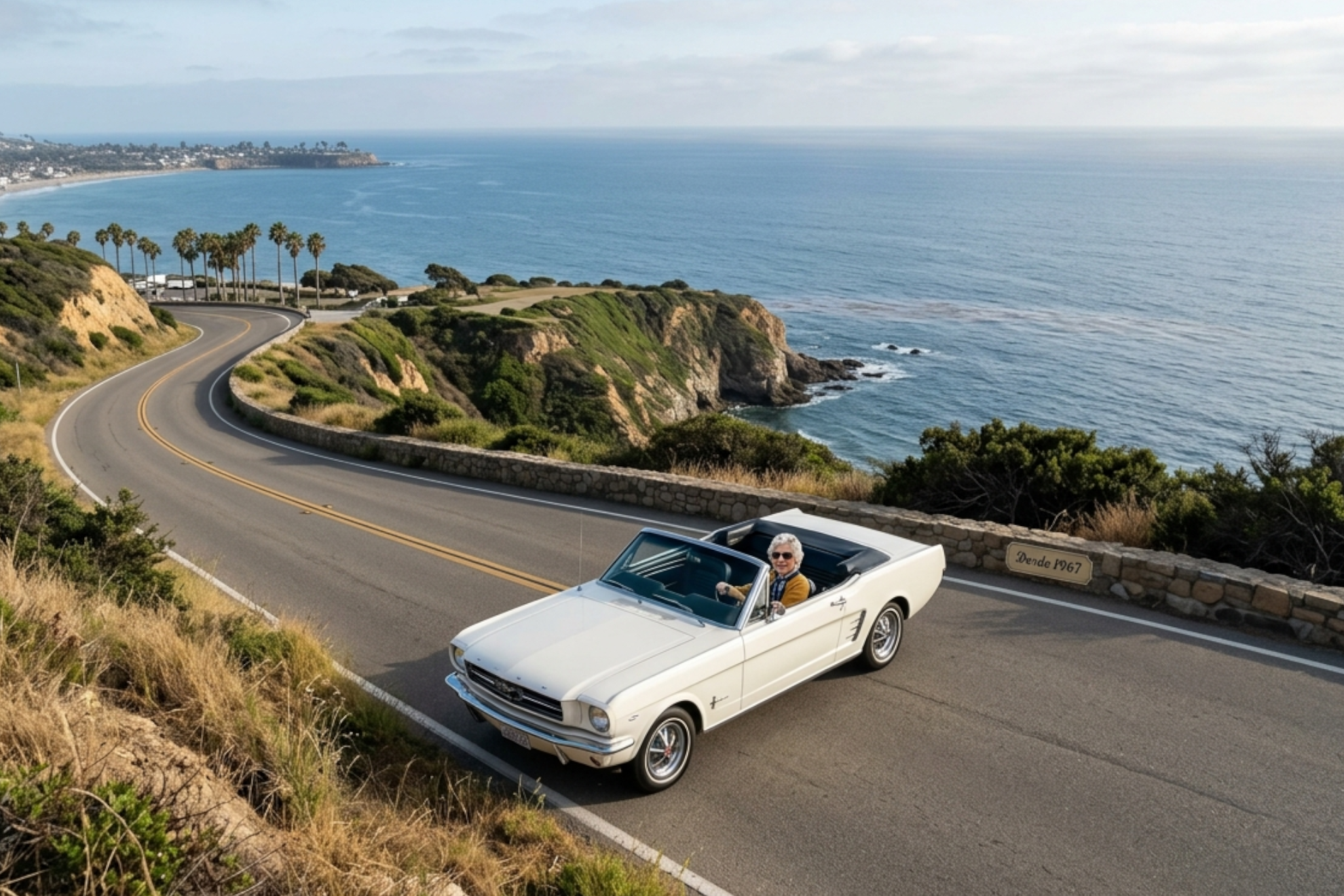 Imagen de un Ford Mustang blanco descapotable en la carretera Imagen creada con IA