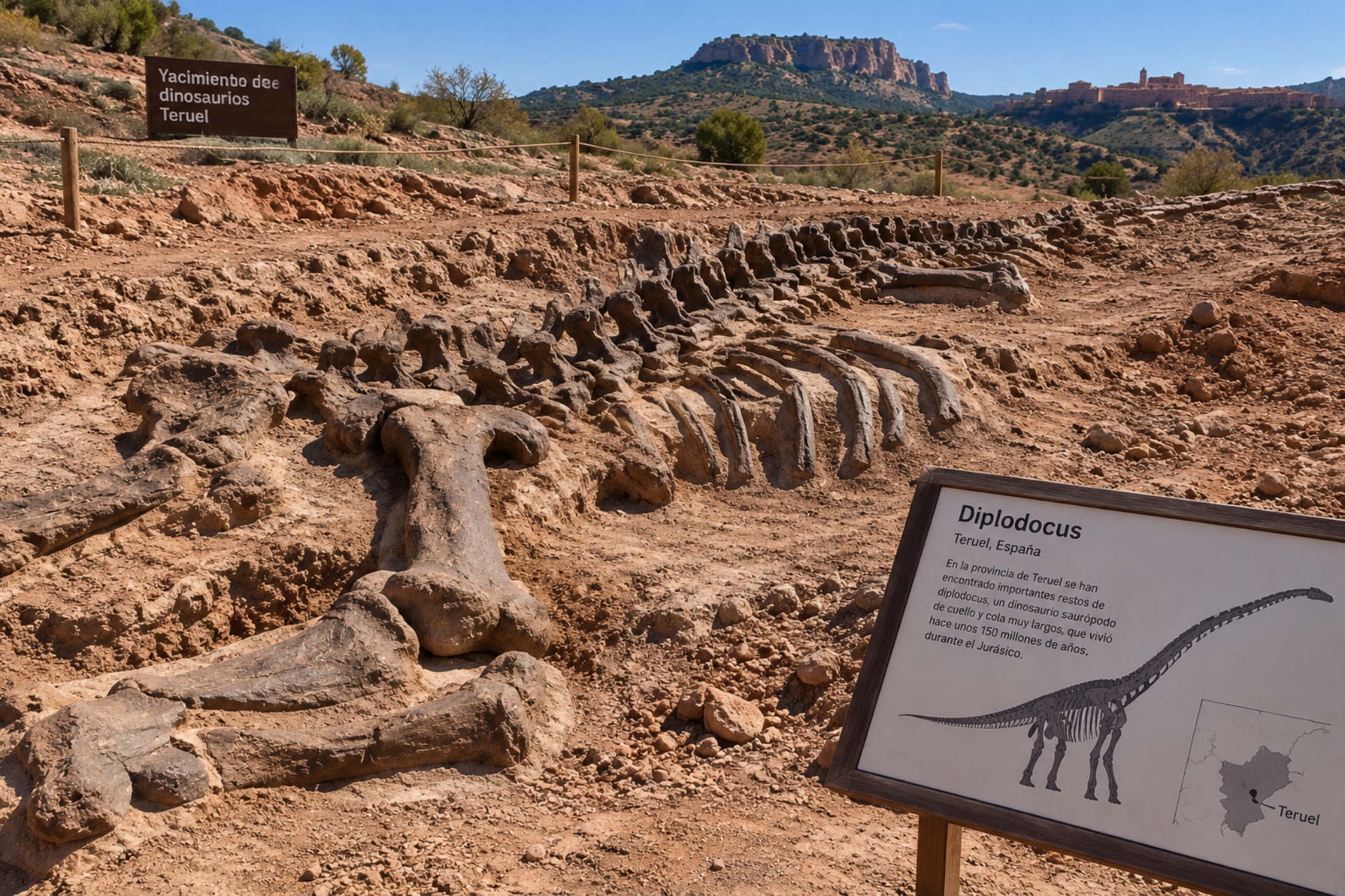 Representación de los fósiles de un Diplodocus IA