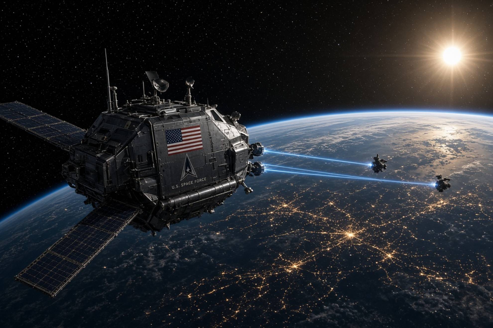 Armas en el espacio. Creada con IA.