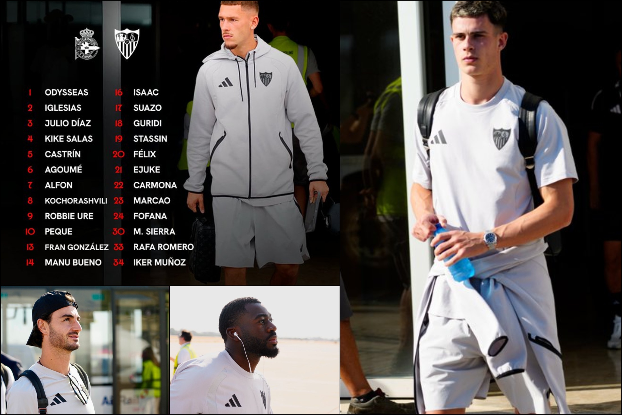 Lista del Sevilla para el partido frente al Dépor; Iglesias, Fofana y Robbie Ure, en el areopuerto.