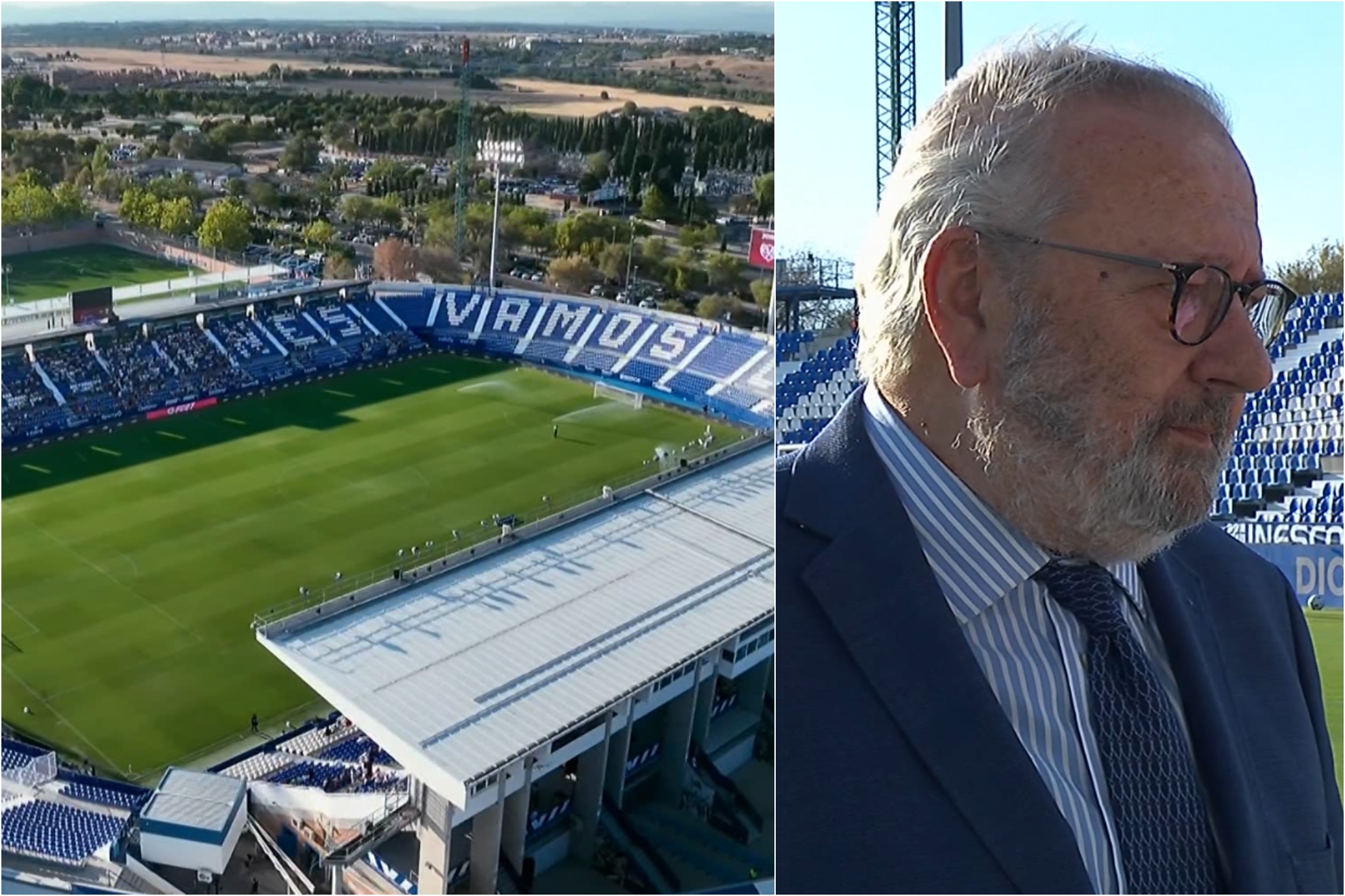 Un montaje con una imagen del estadio de Butarque y otra de José María Sardá.