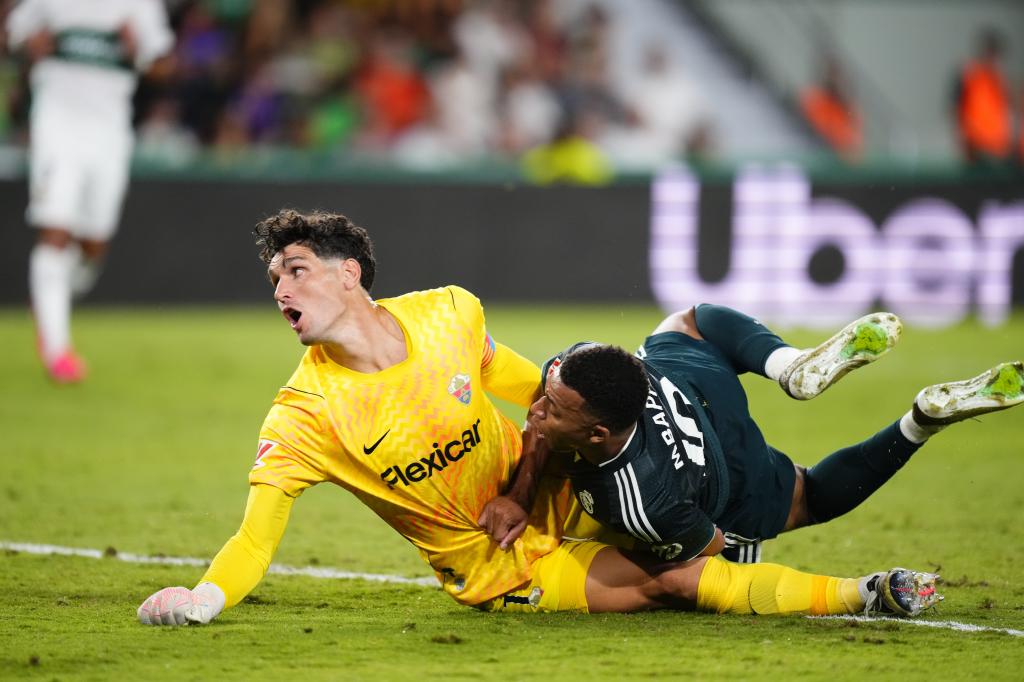 Kylian Mbappe centre-forward of Real Madrid and France shooting to goal and score his first goal during the LaLiga EA Sports 2026/27 match between Elche CF and Real Madrid at Estadio Manuel Martinez Valero on September 15, 2026 in Elche, Spain. (Photo by Jose Breton/Pics Action/NurPhoto via Getty Images)