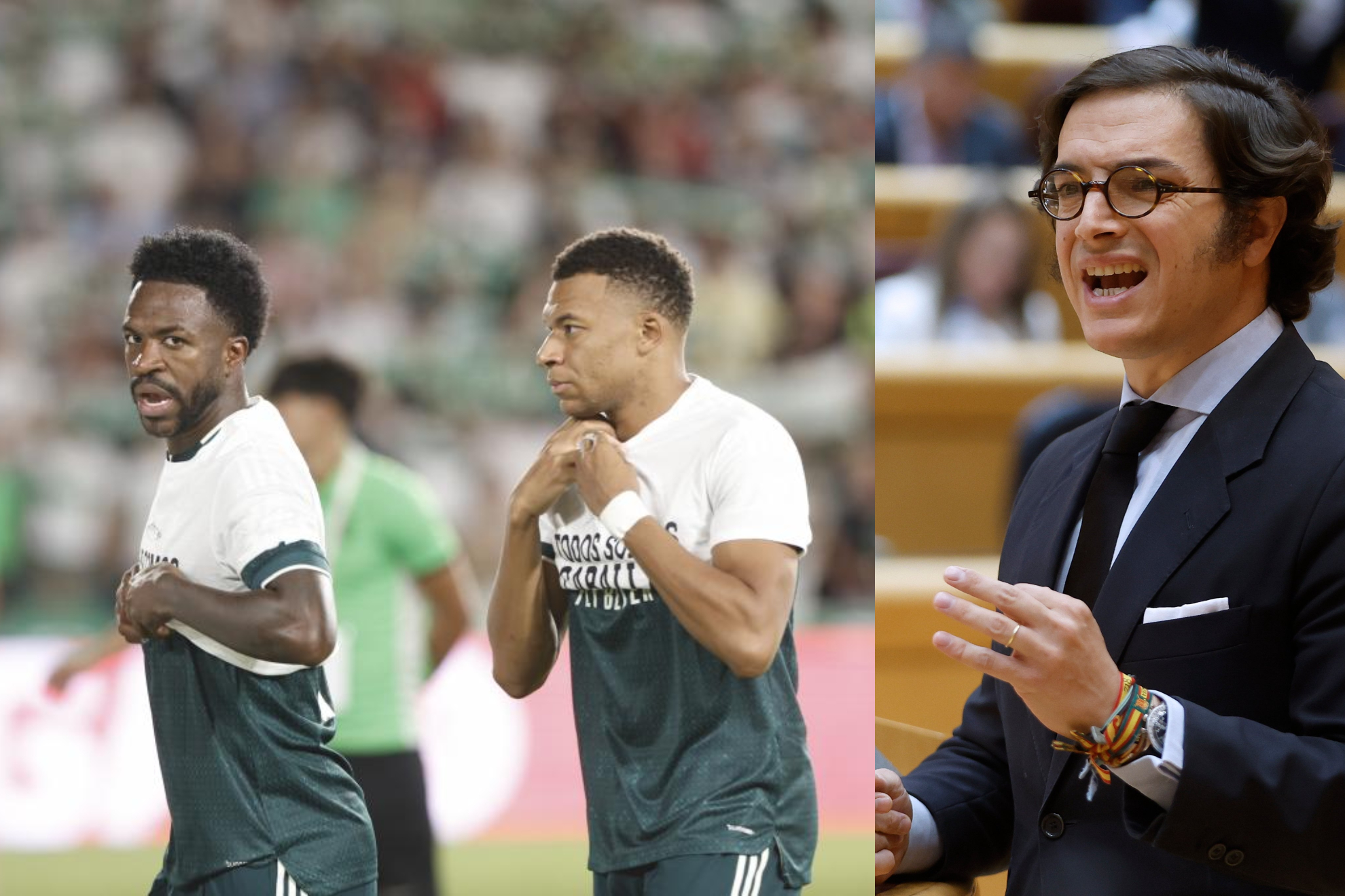Los jugadores del Madrid ante el Elche y el diputado de VOX, José María Figaredo.
