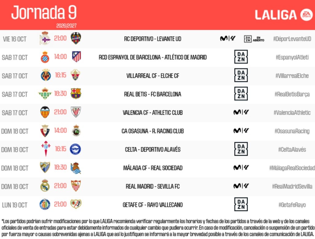 Horarios de la jornada 9 de Primera división.