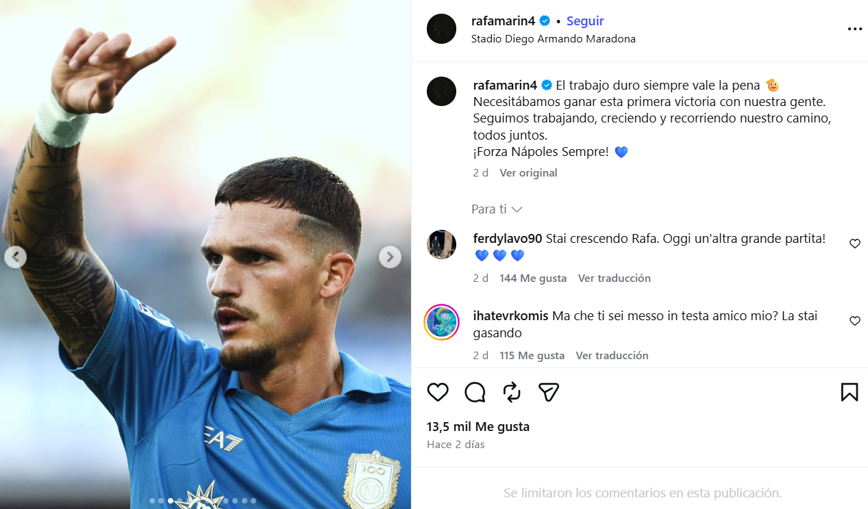 El 'post' de Rafa Marín tras ganar al Nápoles.