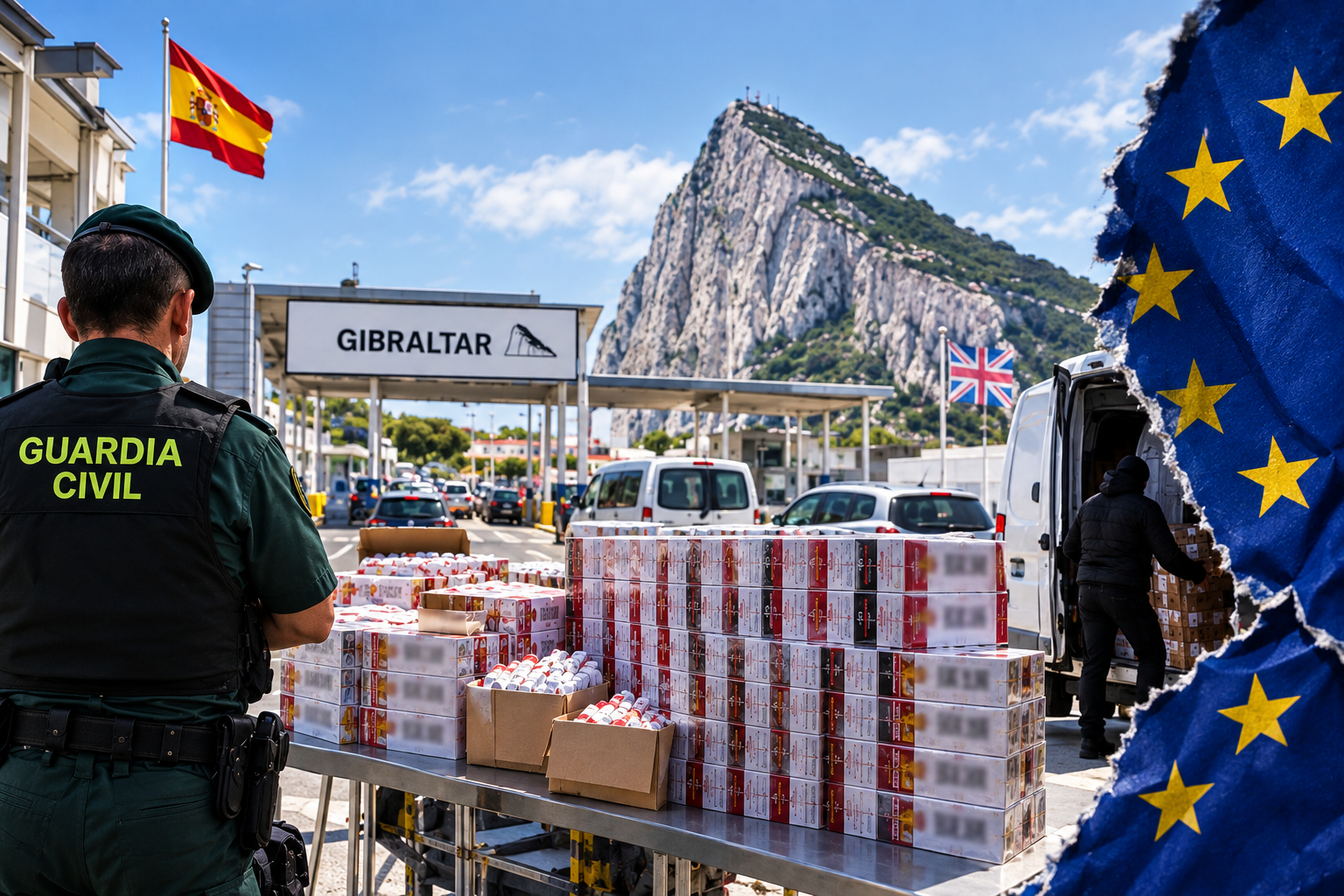 El decomiso de más de 10.000 cajetillas por parte de la Guardia Civil en los puestos de control de La Línea de la Concepción no representa un episodio aislado de estraperlo local. Imagen creada por IA