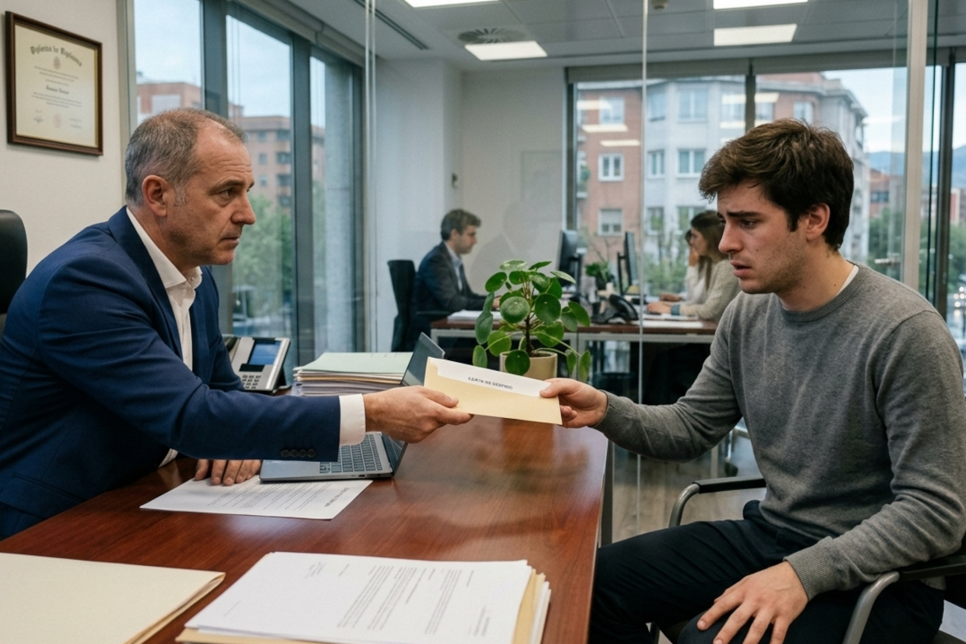 Imagen de jefe entregando una carta de despido a su empleado. Creada con IA