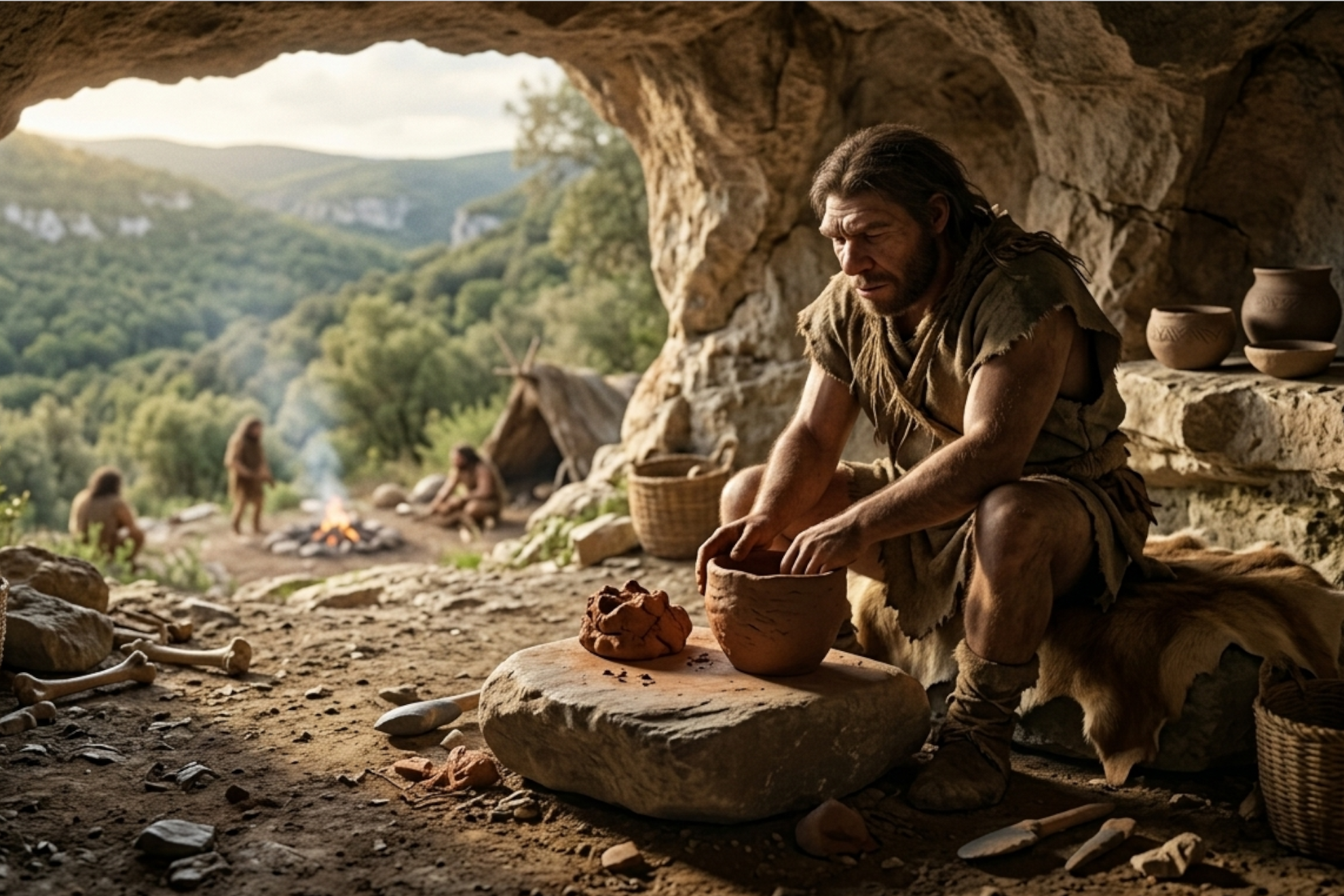 Ilustración de un neandertal trabajando la cerámica Imagen creada con IA