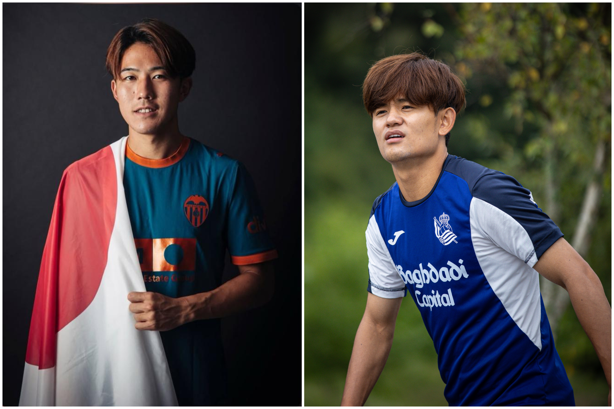 El jugador del Valencia Ryunosuke Sato y Takefusa Kubo, de la Real. VCF | REAL SOCIEDAD
