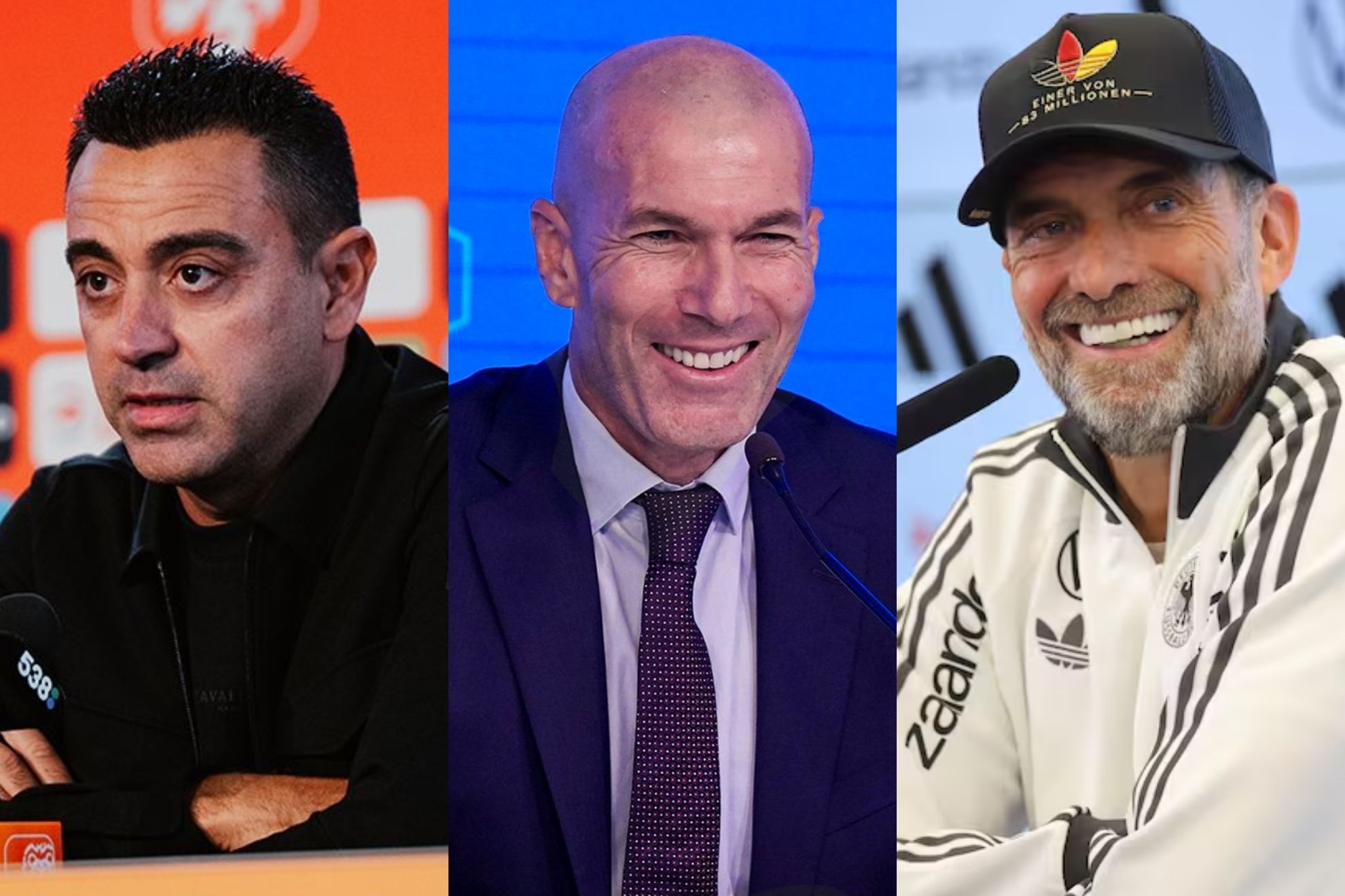 Xavi Hernández, Zinedine Zidane y Jürgen Klopp