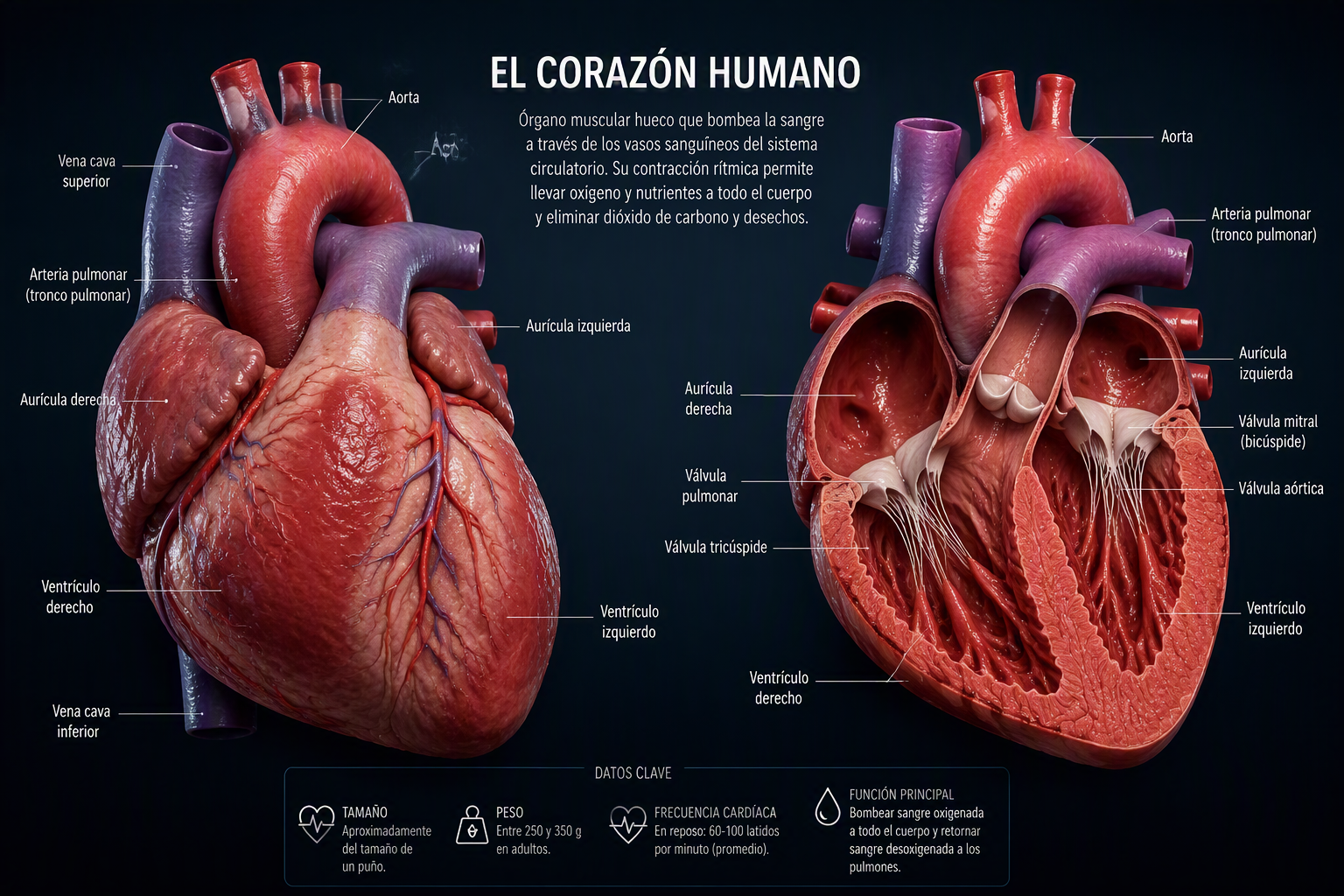 Partes del corazón humano.