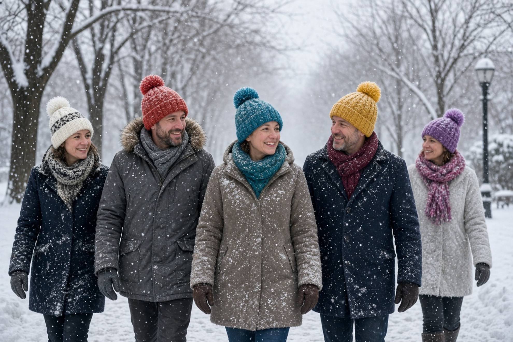 Grupo de personas con un gorro de lana. Creada con IA.