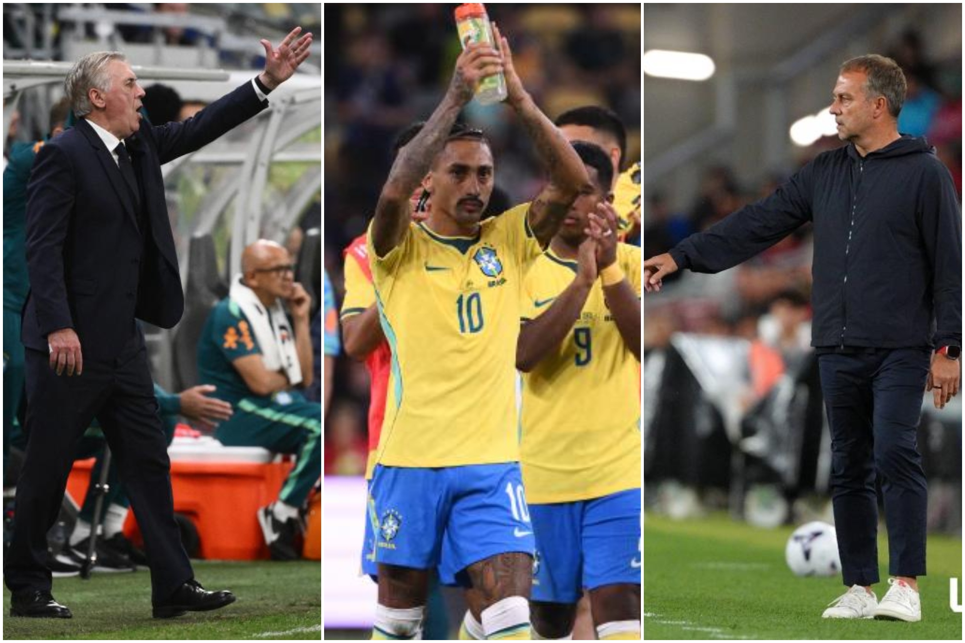 Un montaje con una imagen de Ancelotti, Raphinha y Flick.