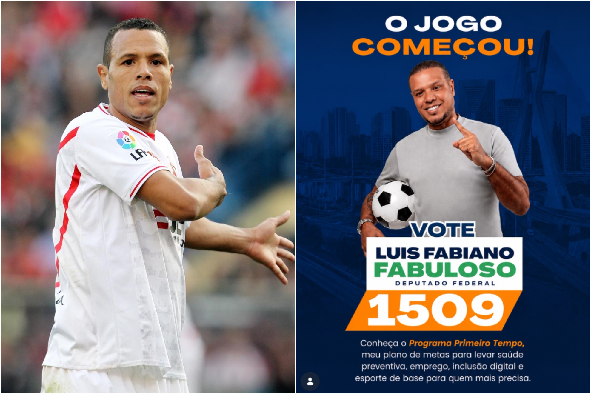 Luis Fabiano durante su etapa en el Sevilla y ahora en la política.
