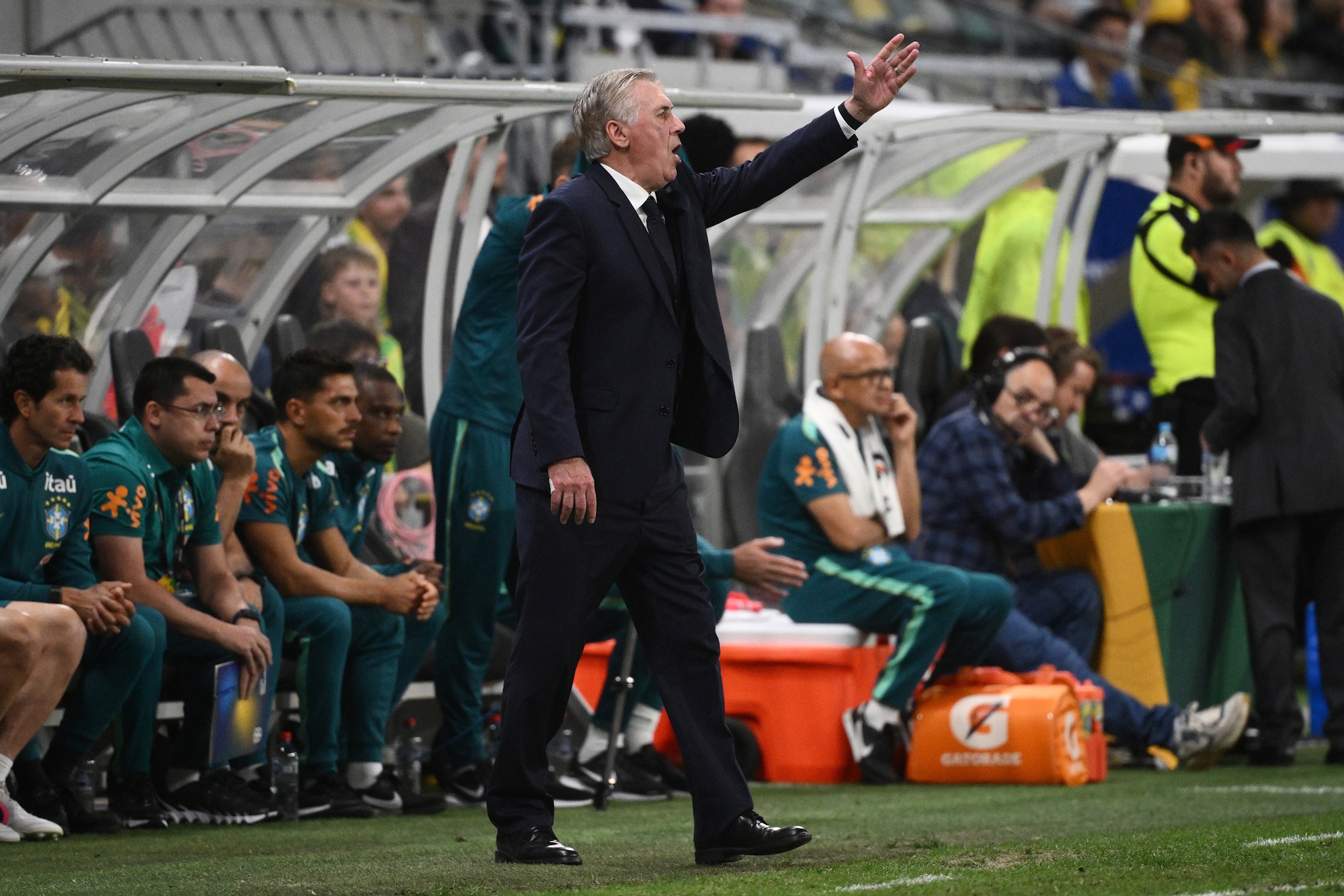 Brazil's coach Carlo Ancelotti directs his players against Australia during their international friendly soccer match in Townsville, Australia, Friday, Sept. 25, 2026. (Jono Searle/AAP Image via AP)