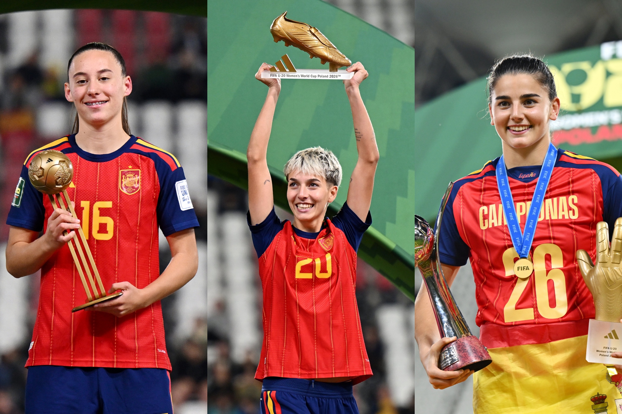 Rosalía Domínguez, Pau Comendador y Laia López con sus premios en el Mundial Sub'20 RFEF