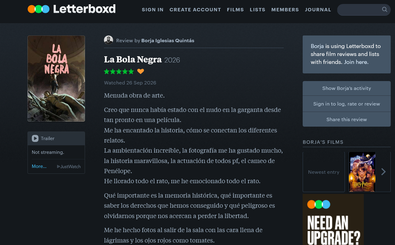 La crítica íntegra de Borja Iglesias sobre 'La Bola Negra' en Letterboxd