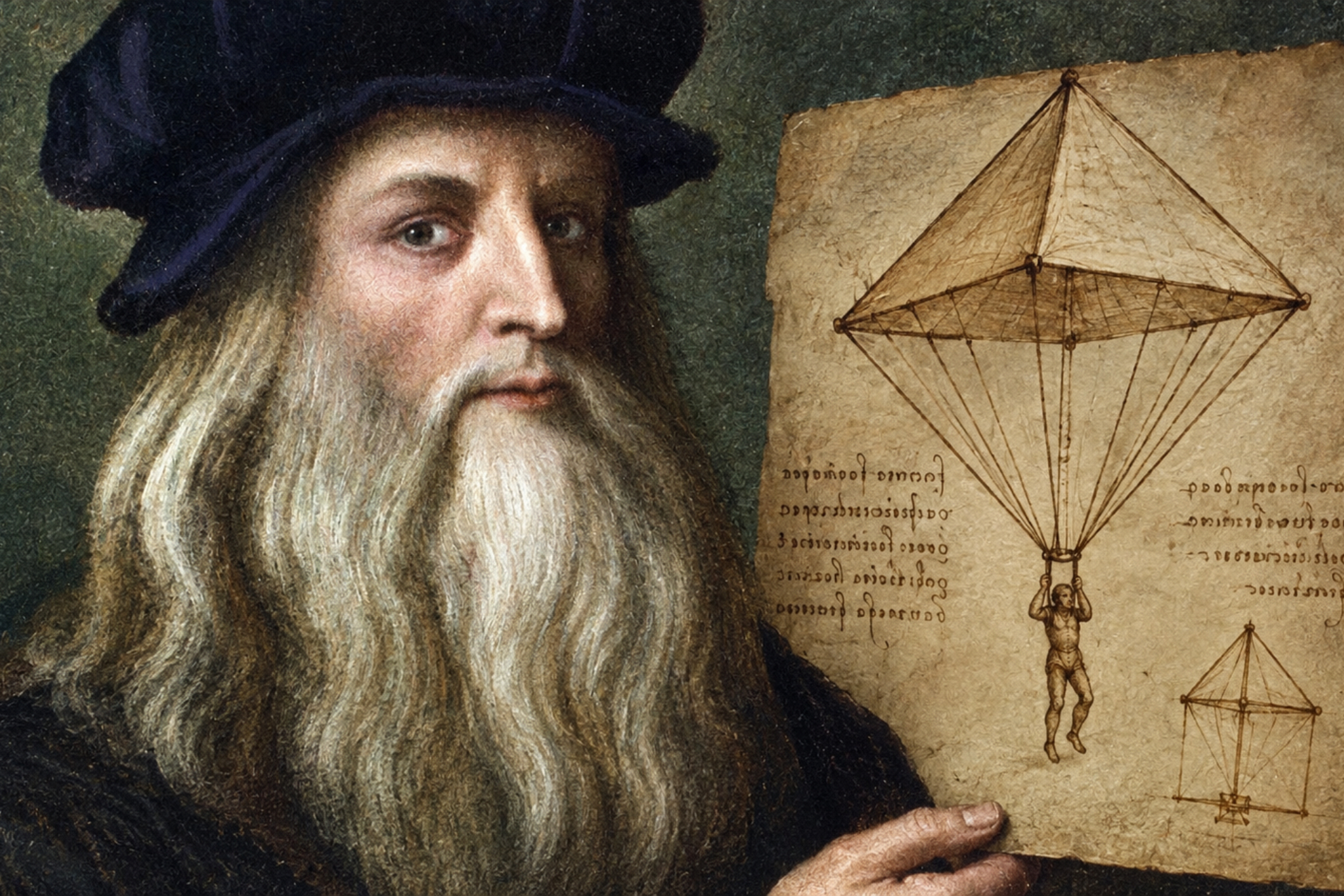 Representación de Leonardo Da Vinci junto al plano de un invento IA