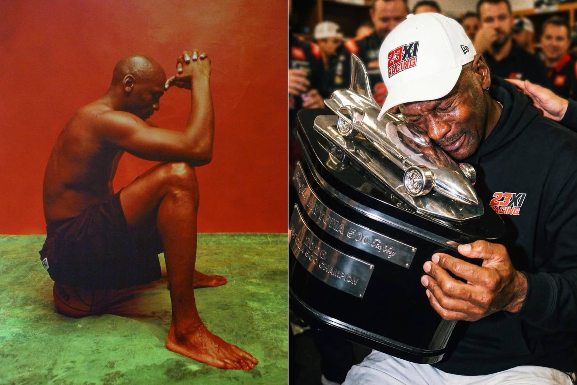Michael Jordan, propietario de 23XI, llora al sostener el trofeo de las 500 Millas de Daytona.