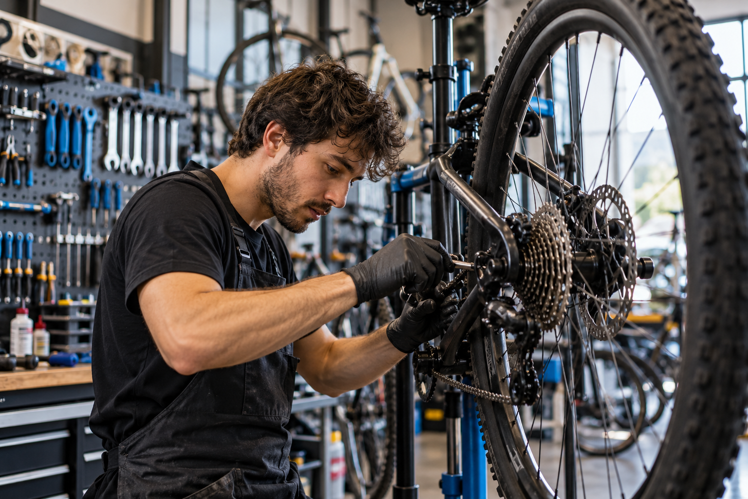 Mecánico ajustando una bicicleta al detalle.