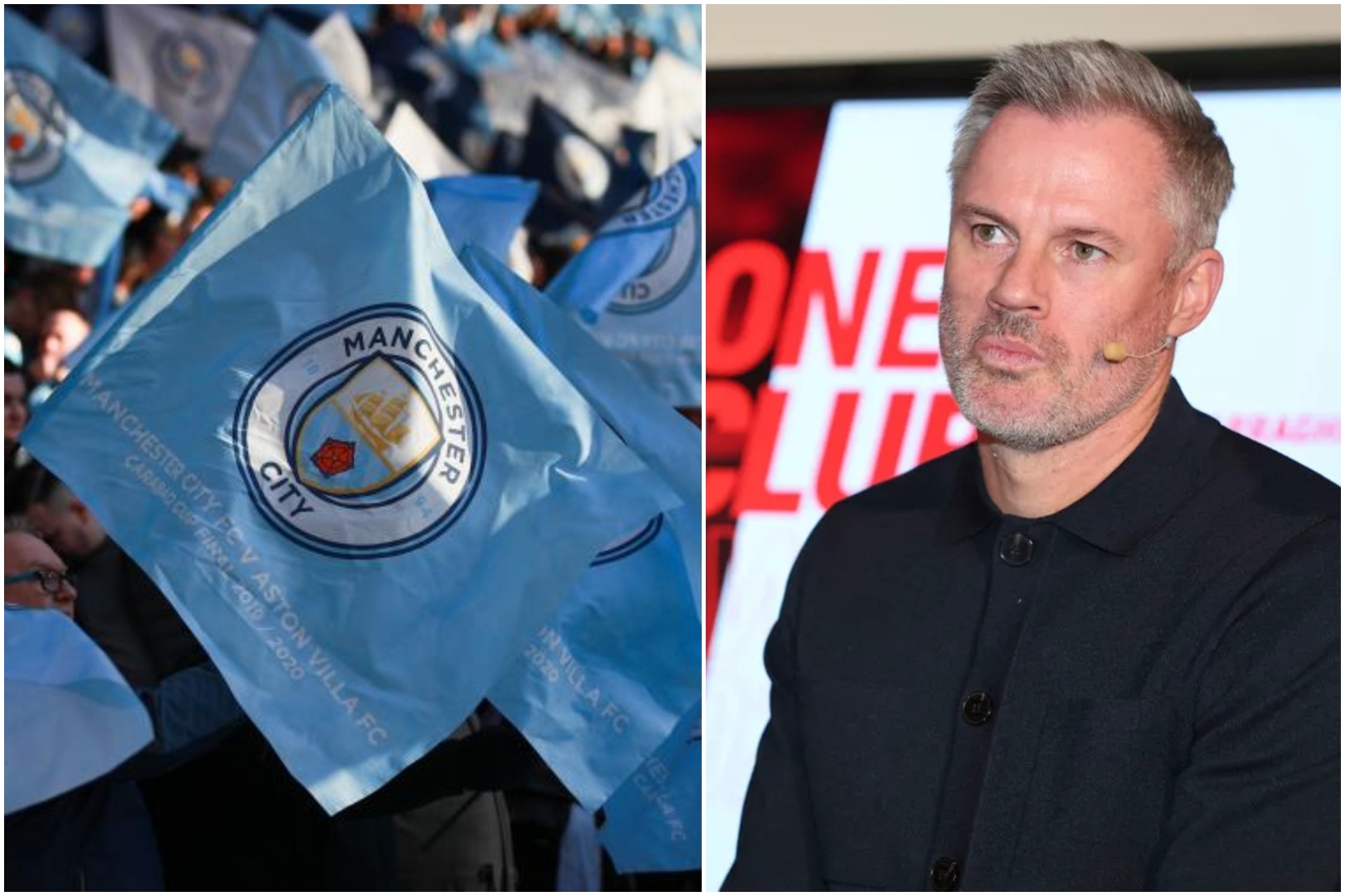 Un montaje con una imagen de una banderín del City y otra de Jamie Carragher.