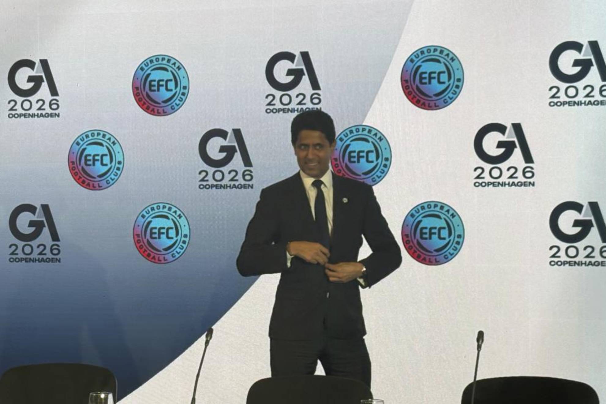 Nasser al Khelaifi, en la Asamblea anual de la EFC celebrada en Copenhague. PABLO POLO